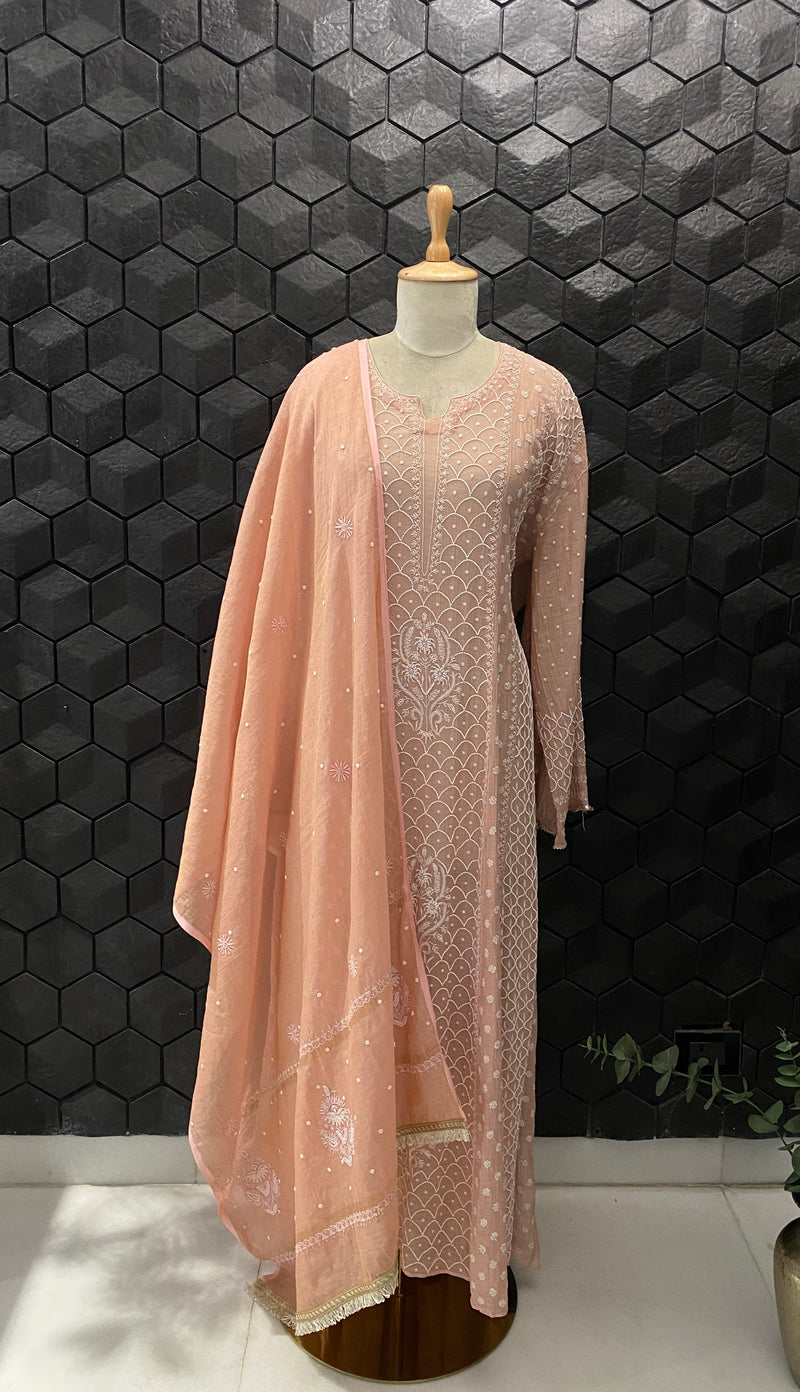 Pink Golden Tissue Chikankari Anarkali Set