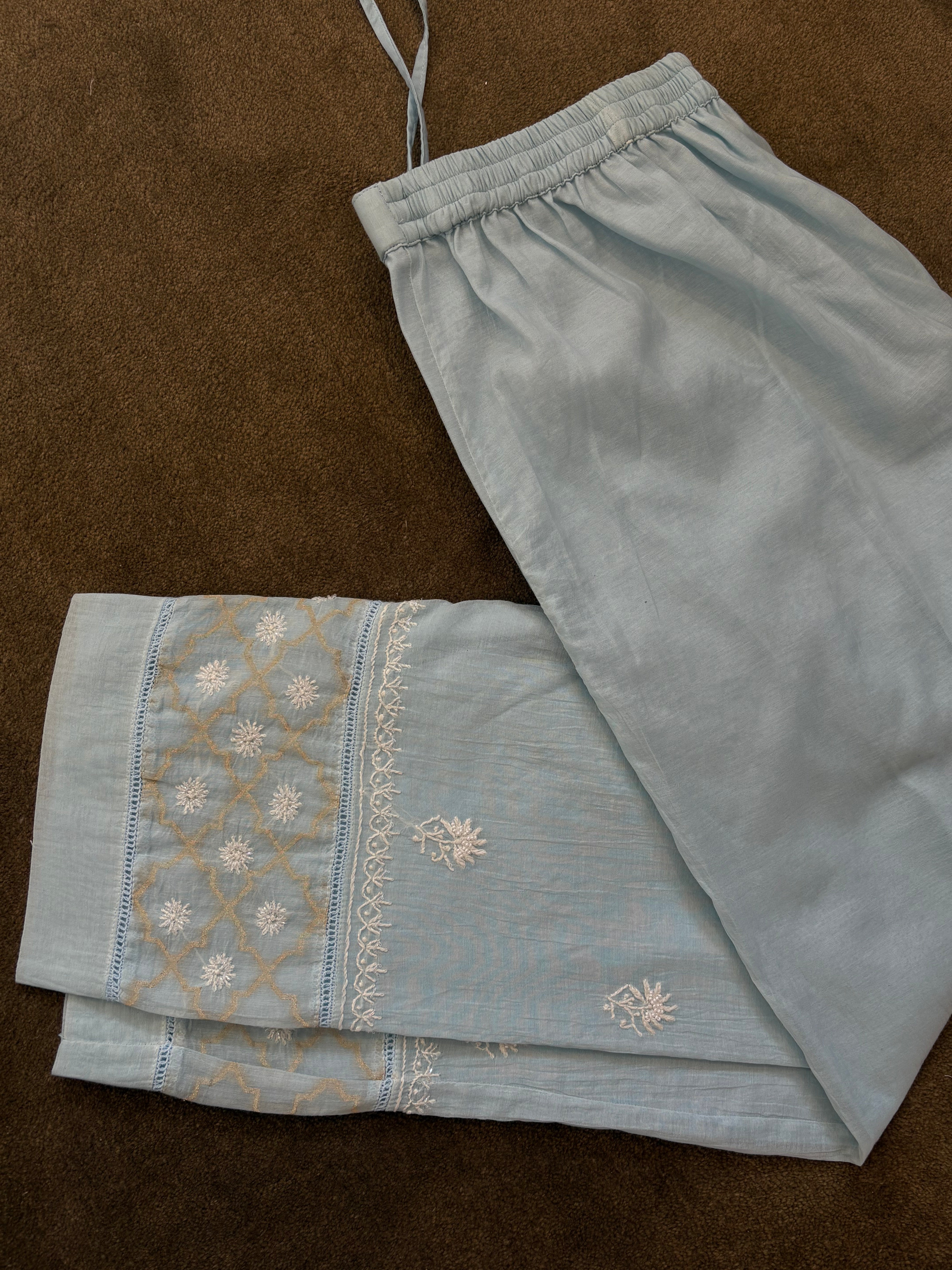 Sky Blue Chanderi Chikankari Co-ord sets
