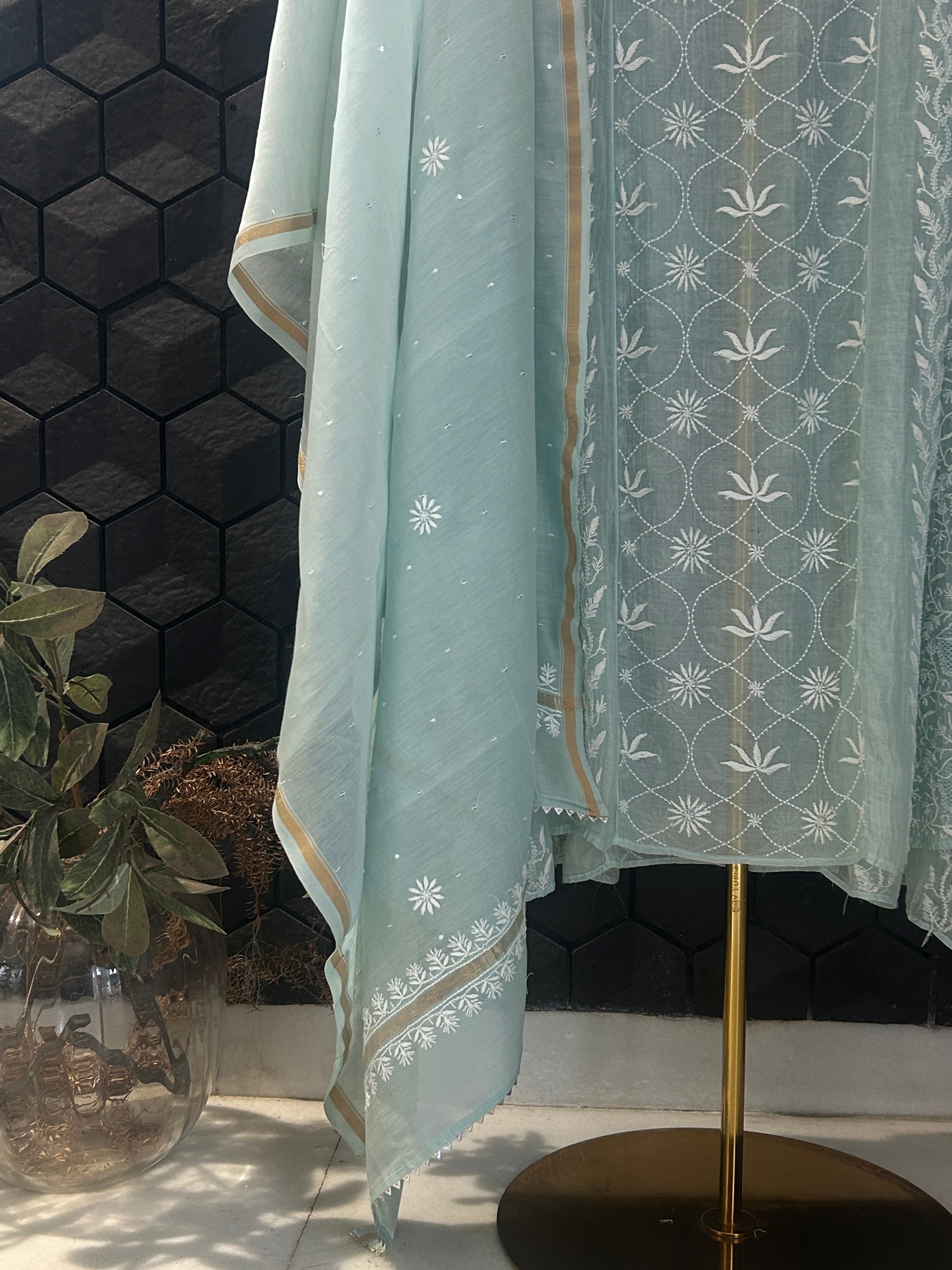 Blue Mul Chanderi Chikankari Anarkali Set