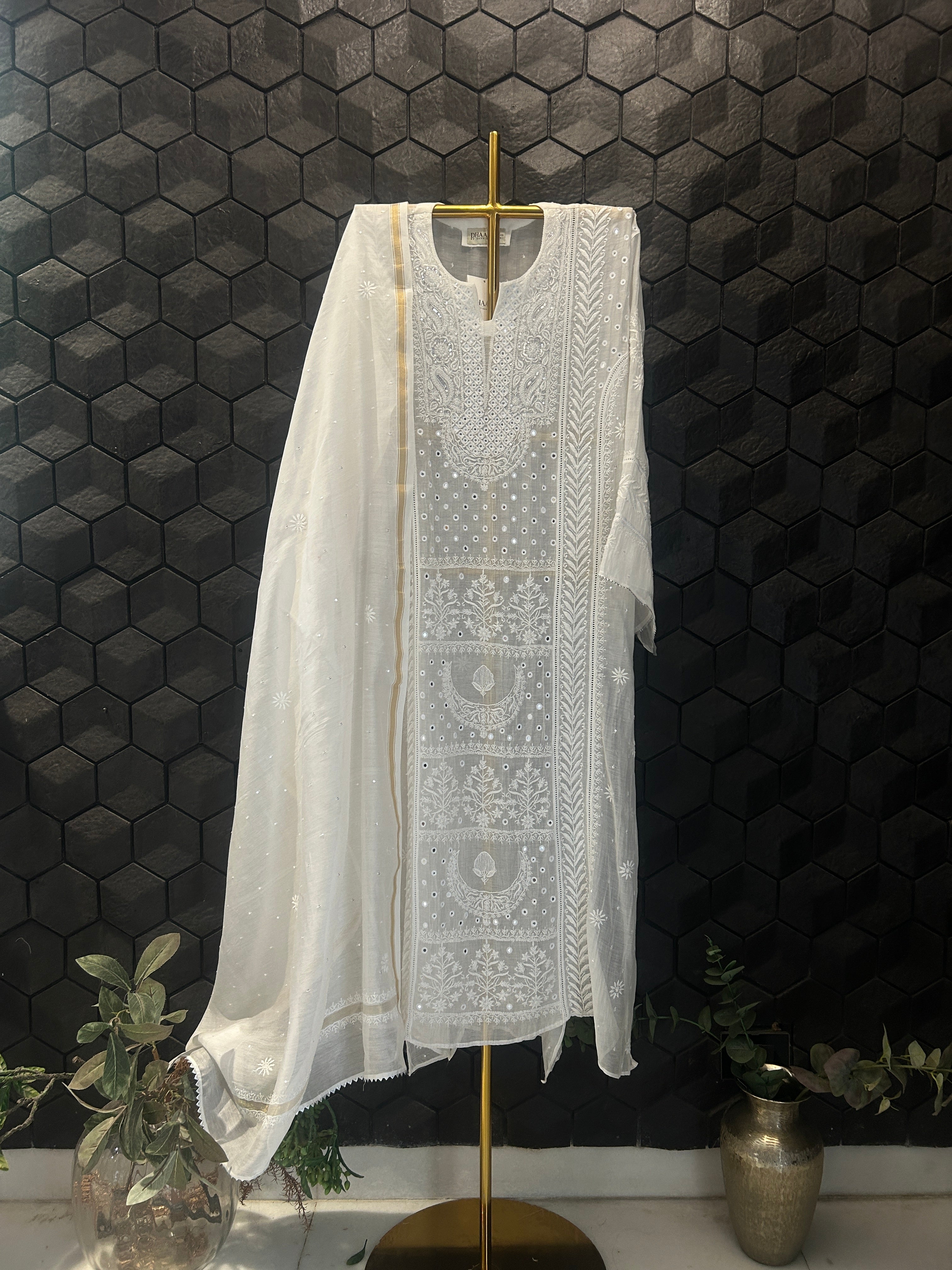 White Mirror Mul Chanderi Chikankari Kurta Set