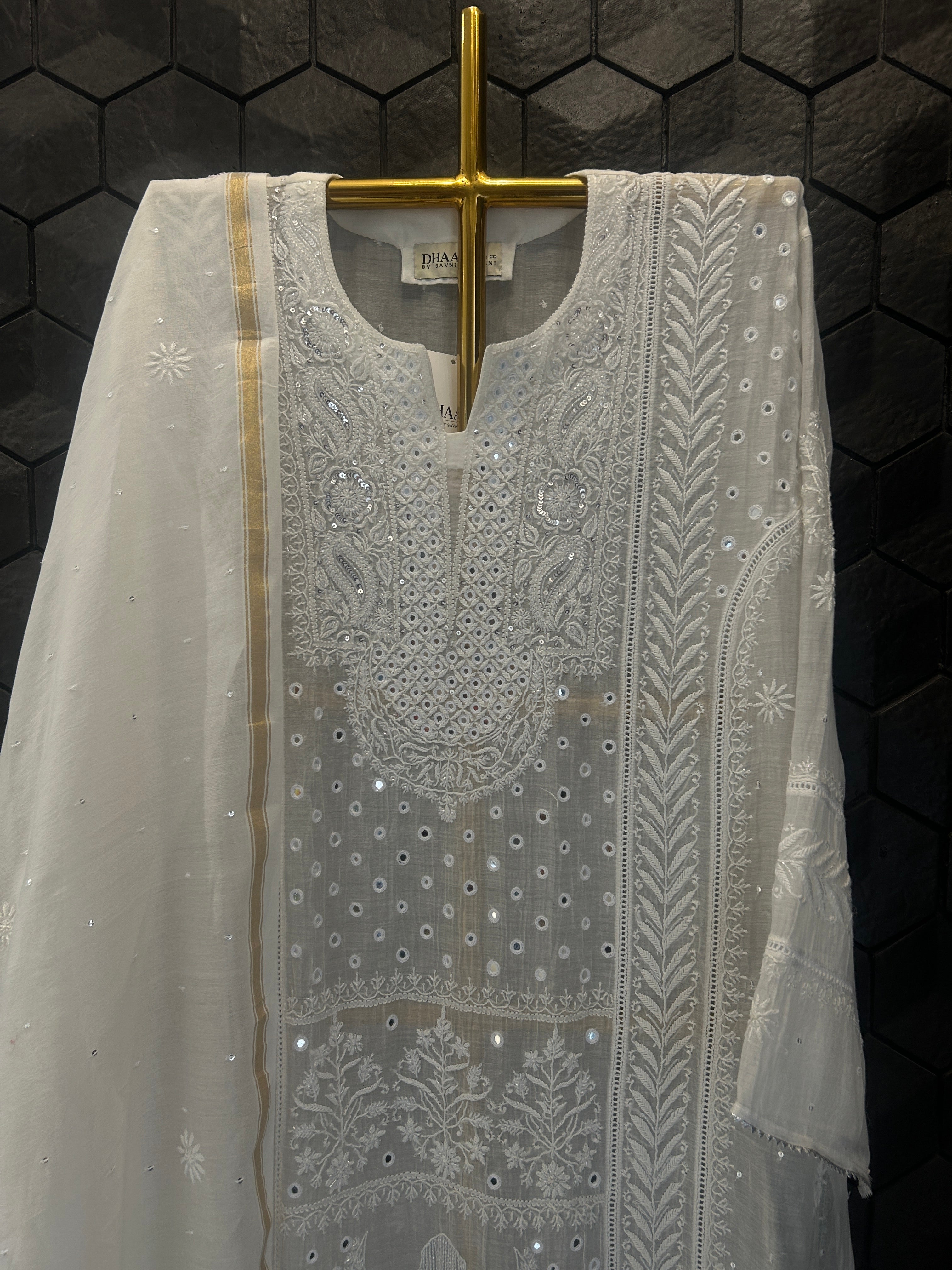 White Mirror Mul Chanderi Chikankari Kurta Set