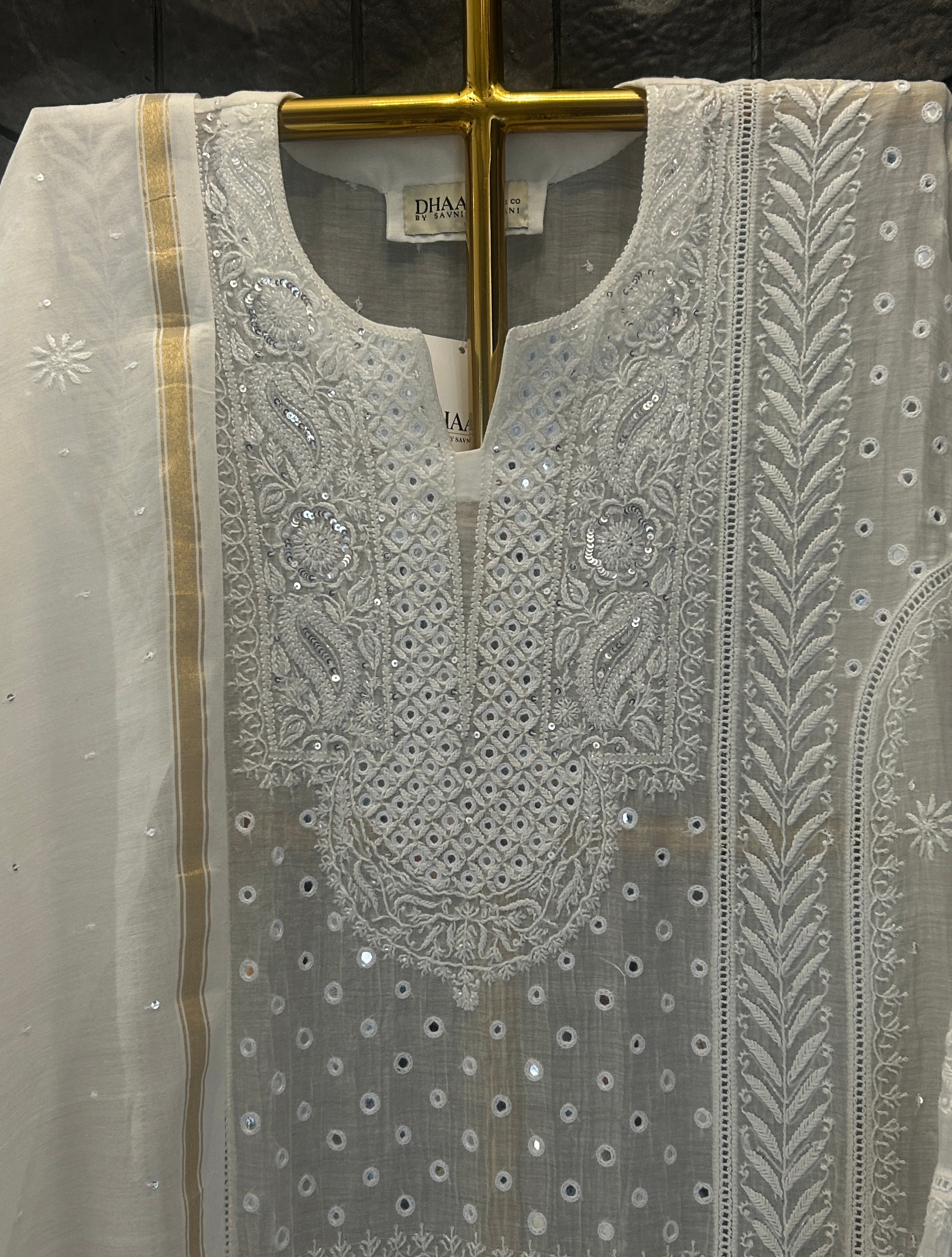 White Mirror Mul Chanderi Chikankari Kurta Set