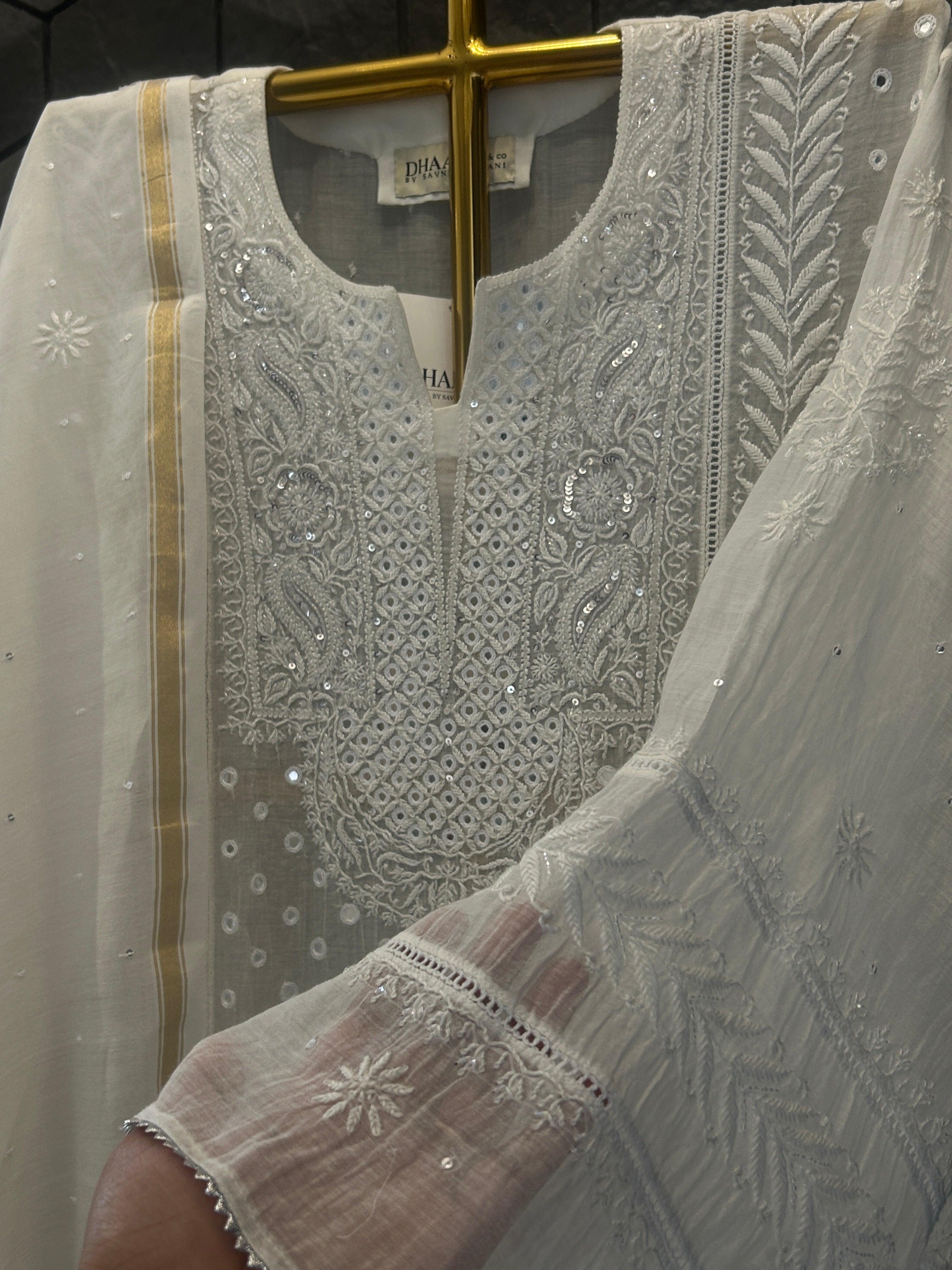White Mirror Mul Chanderi Chikankari Kurta Set