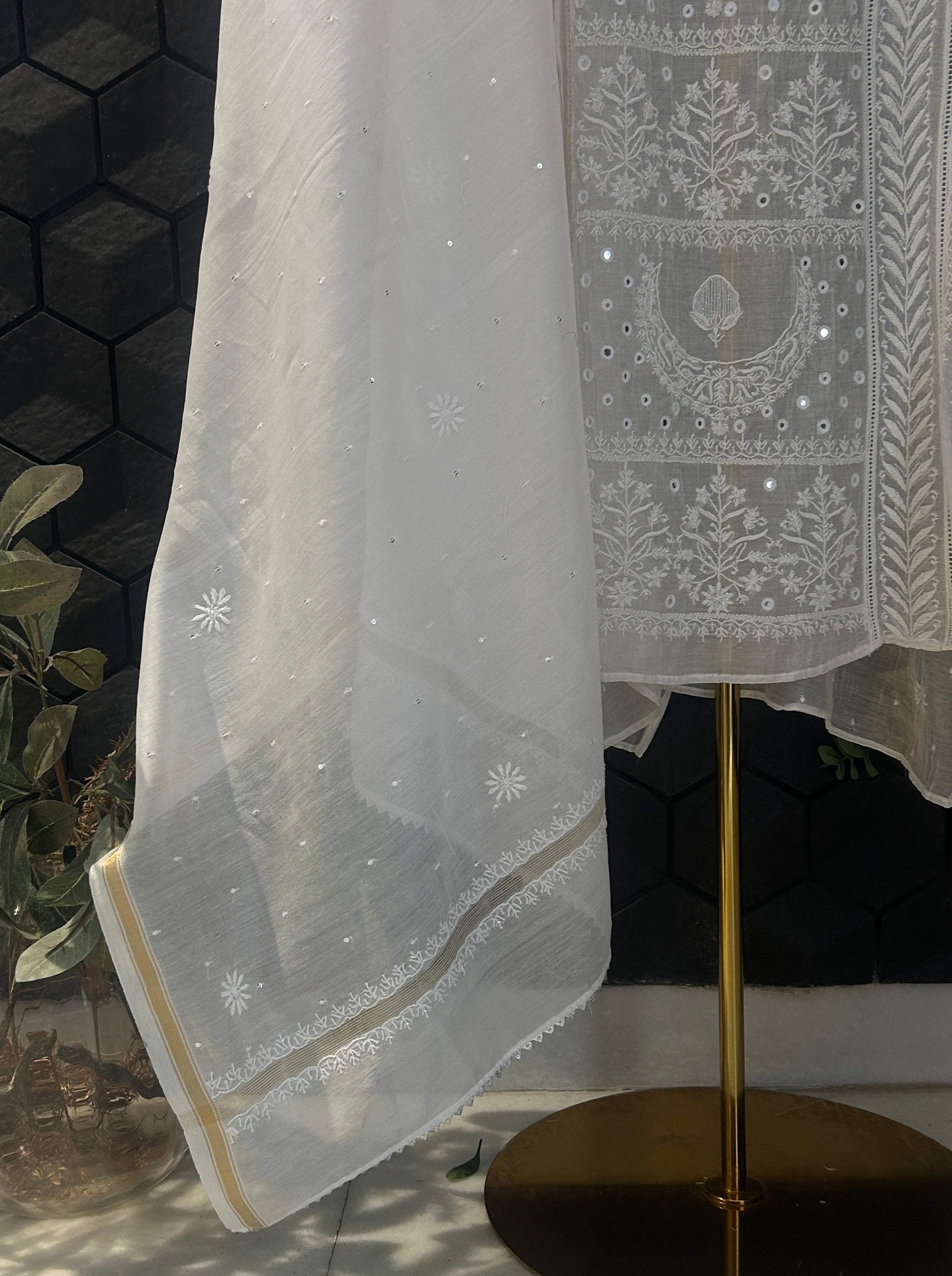 White Mirror Mul Chanderi Chikankari Kurta Set