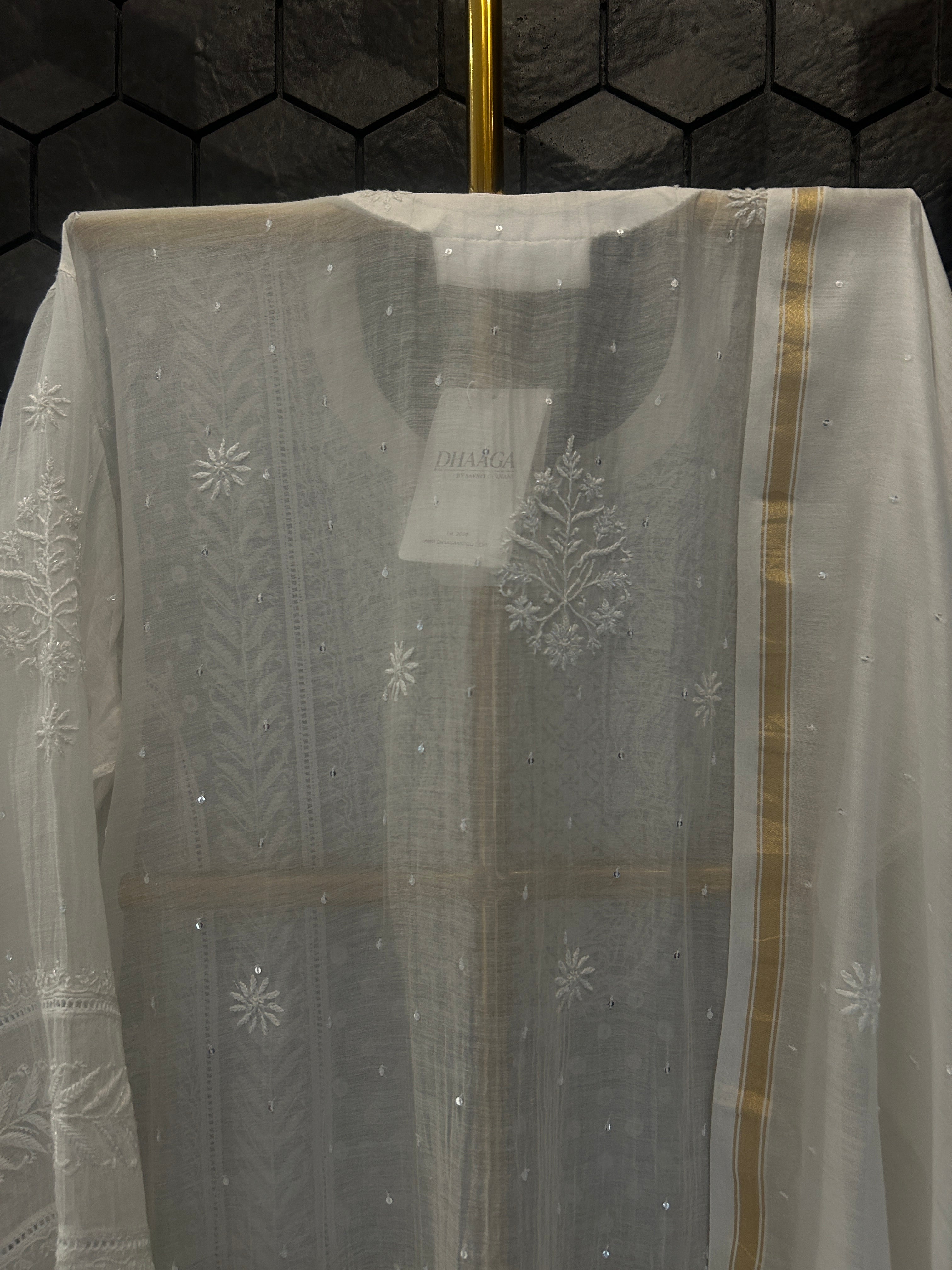 White Mirror Mul Chanderi Chikankari Kurta Set