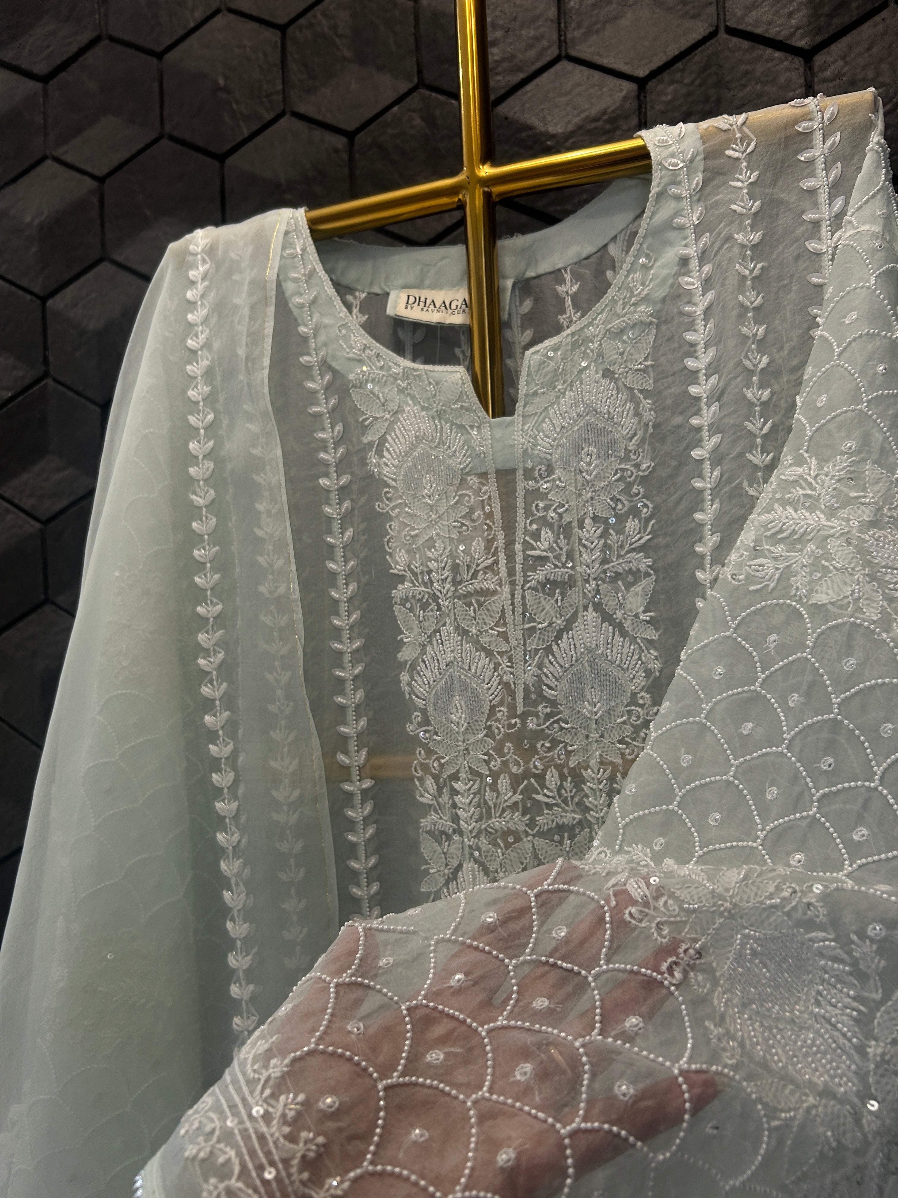 Blue Organza Chikankari Anarkali Set