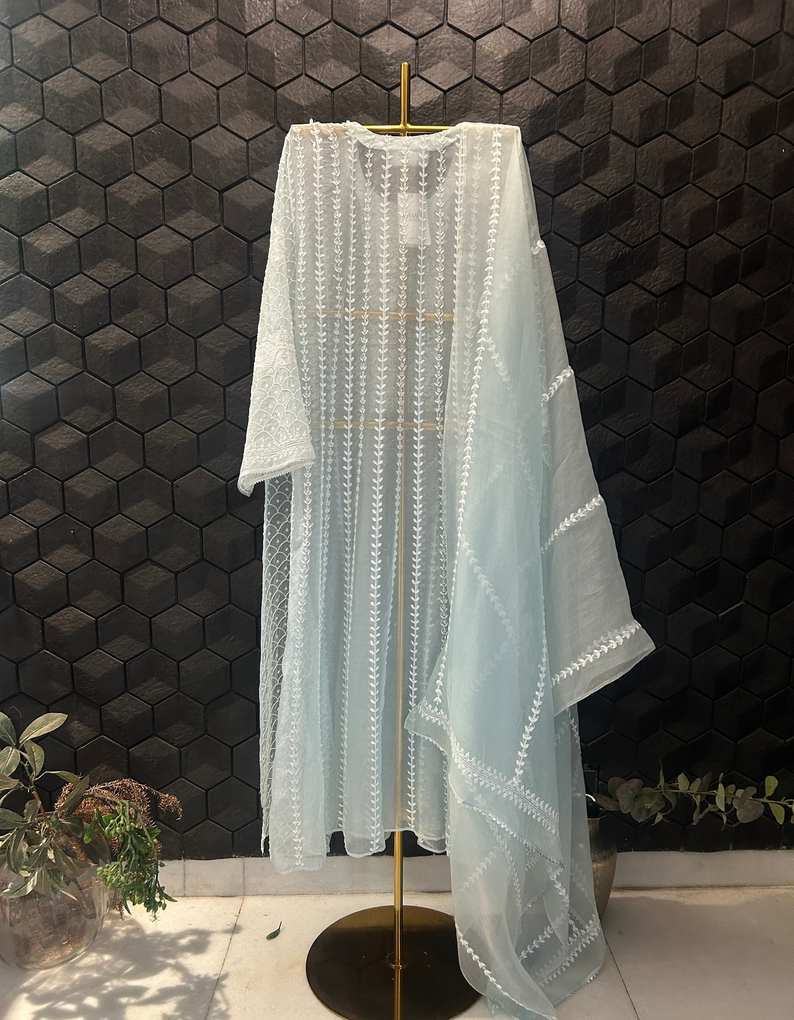 Blue Organza Chikankari Anarkali Set