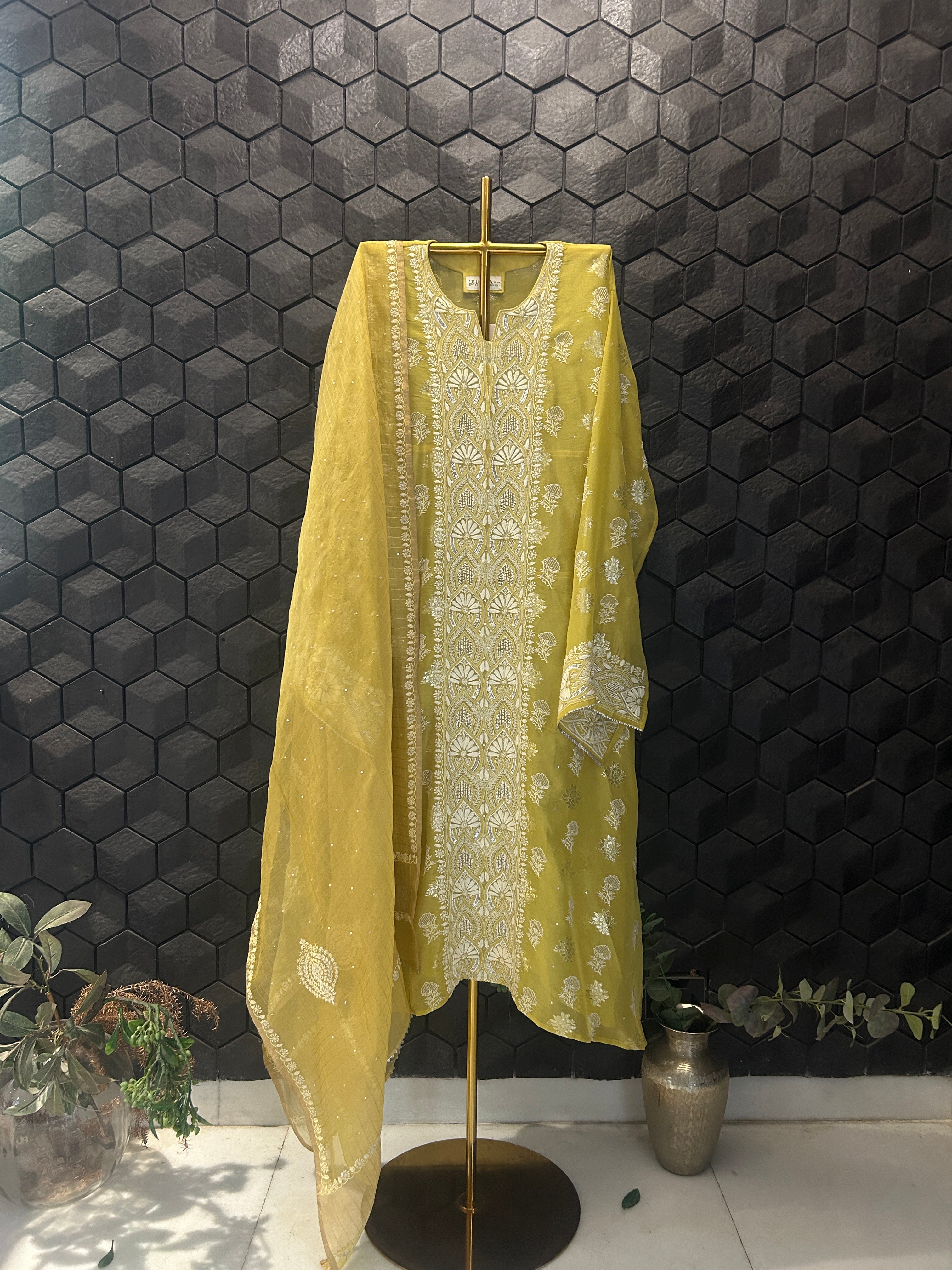 Green Shimmer Organza Chikankari Kurta Set