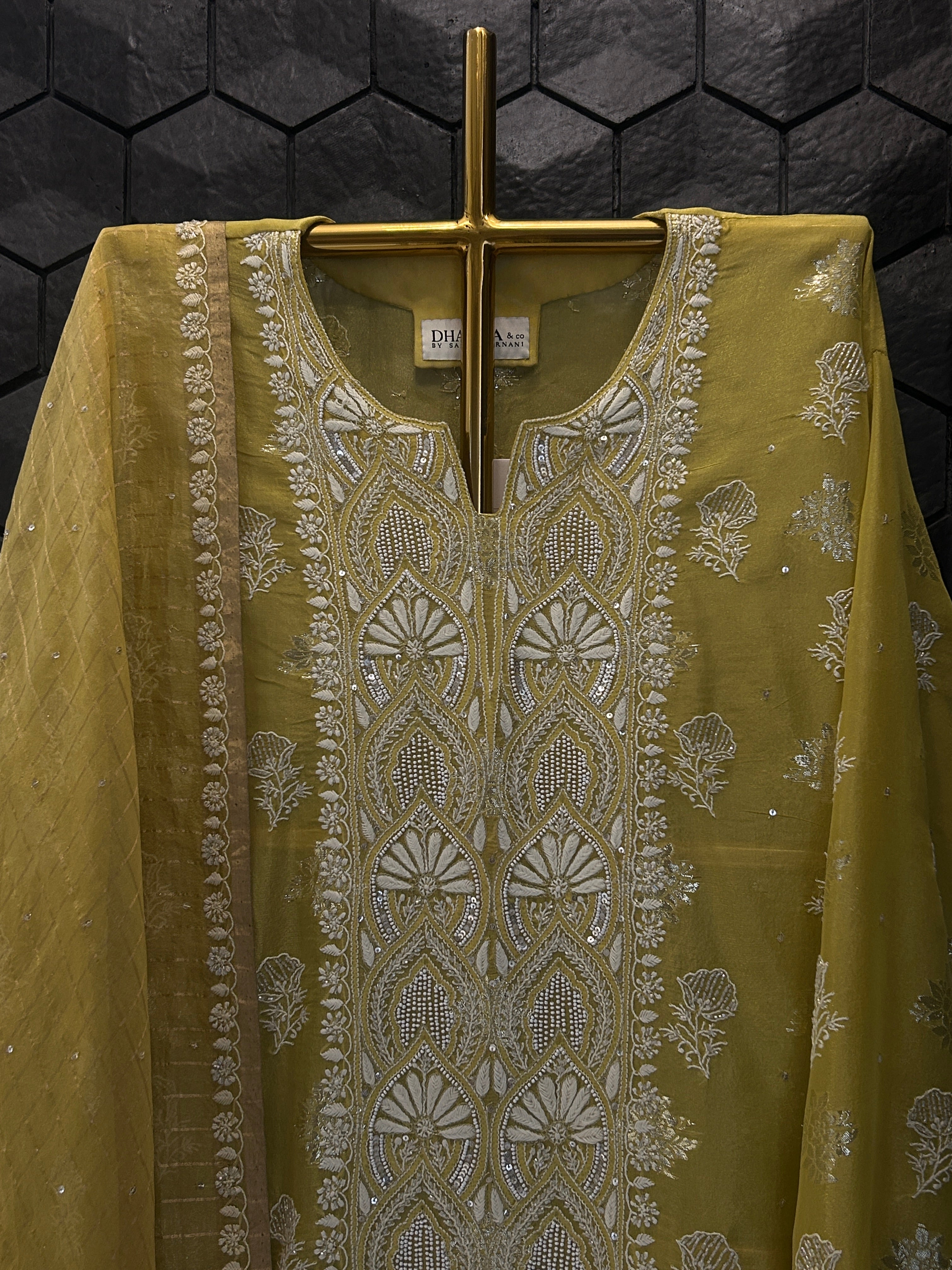 Green Shimmer Organza Chikankari Kurta Set