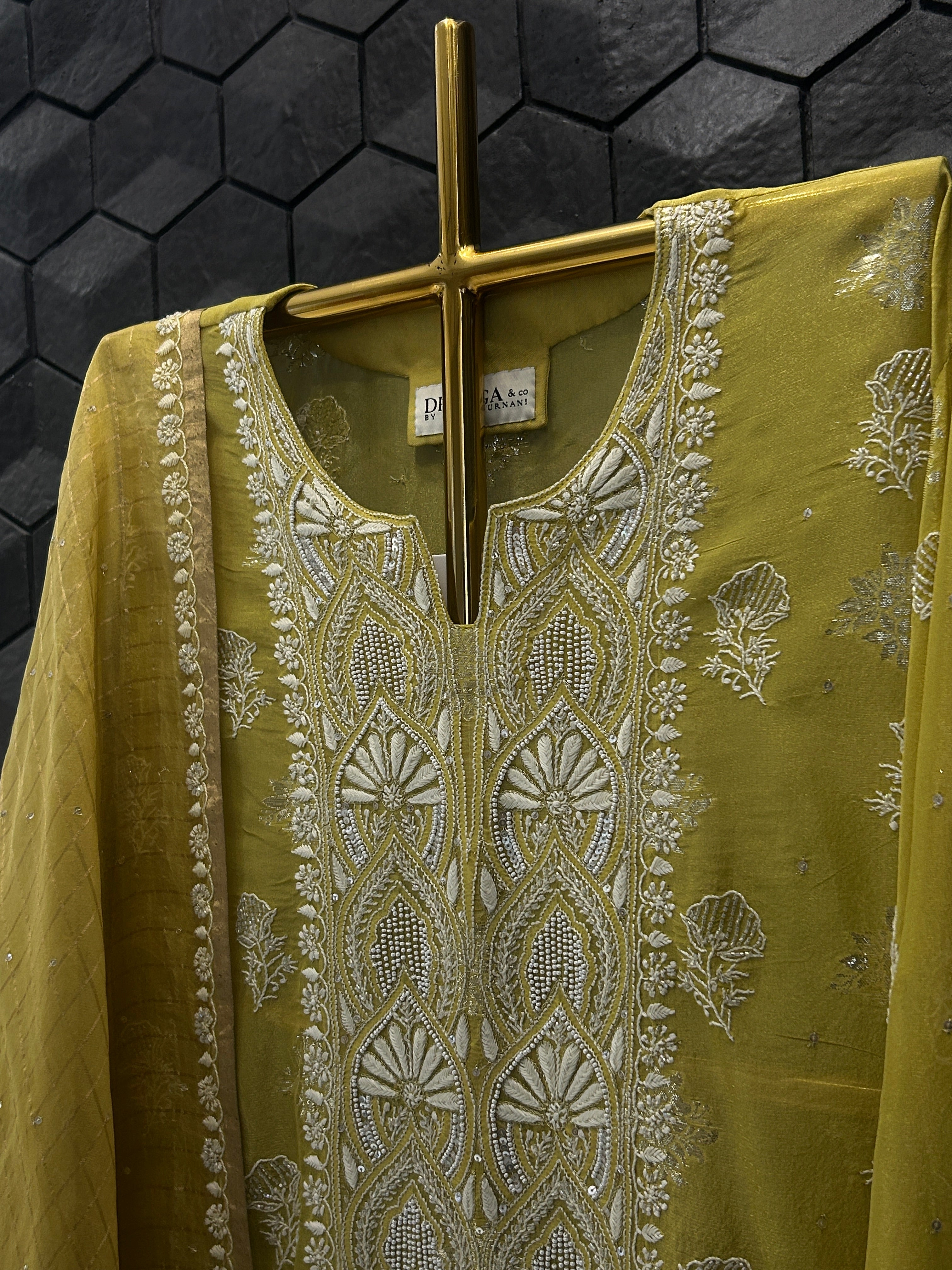 Green Shimmer Organza Chikankari Kurta Set