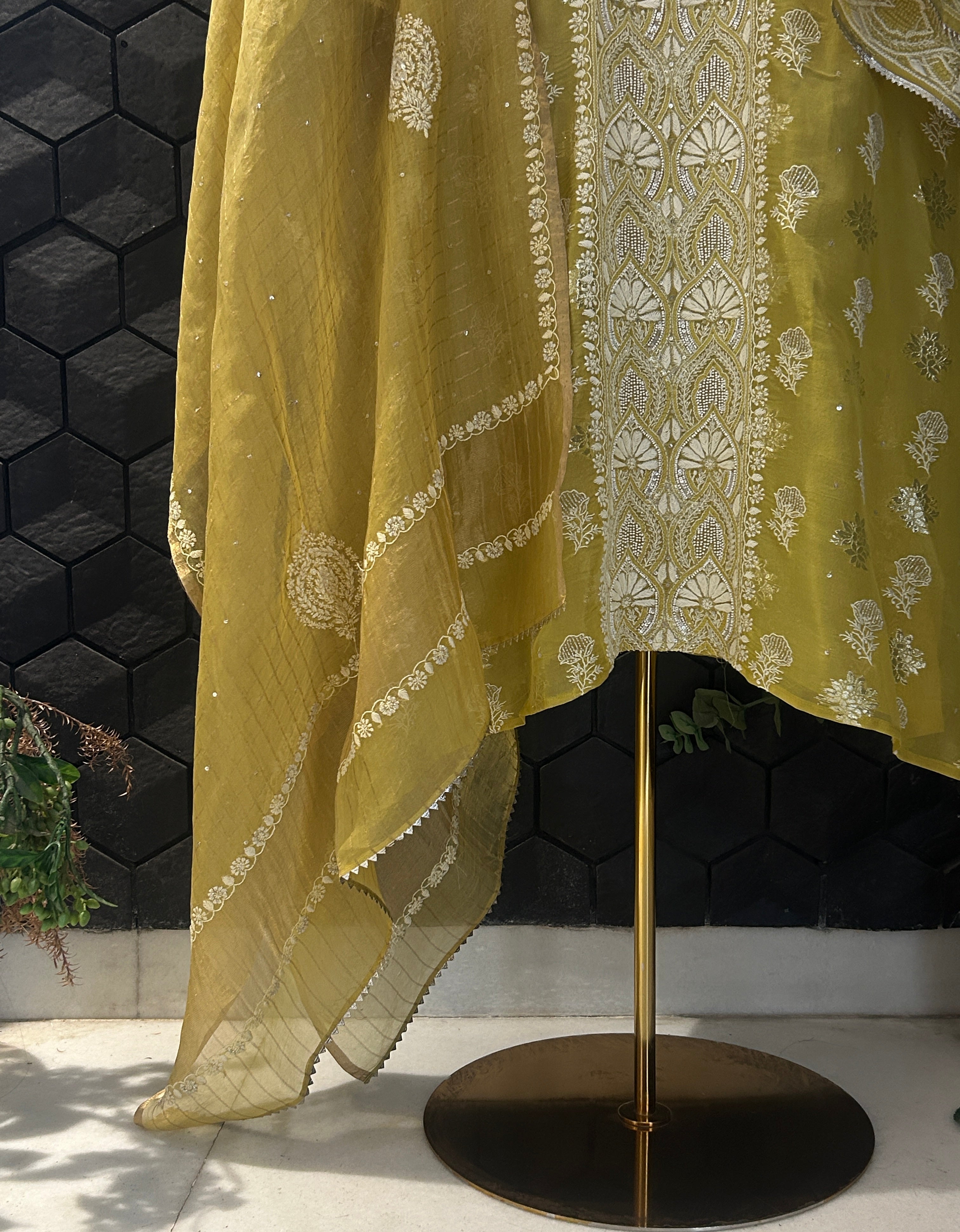 Green Shimmer Organza Chikankari Kurta Set