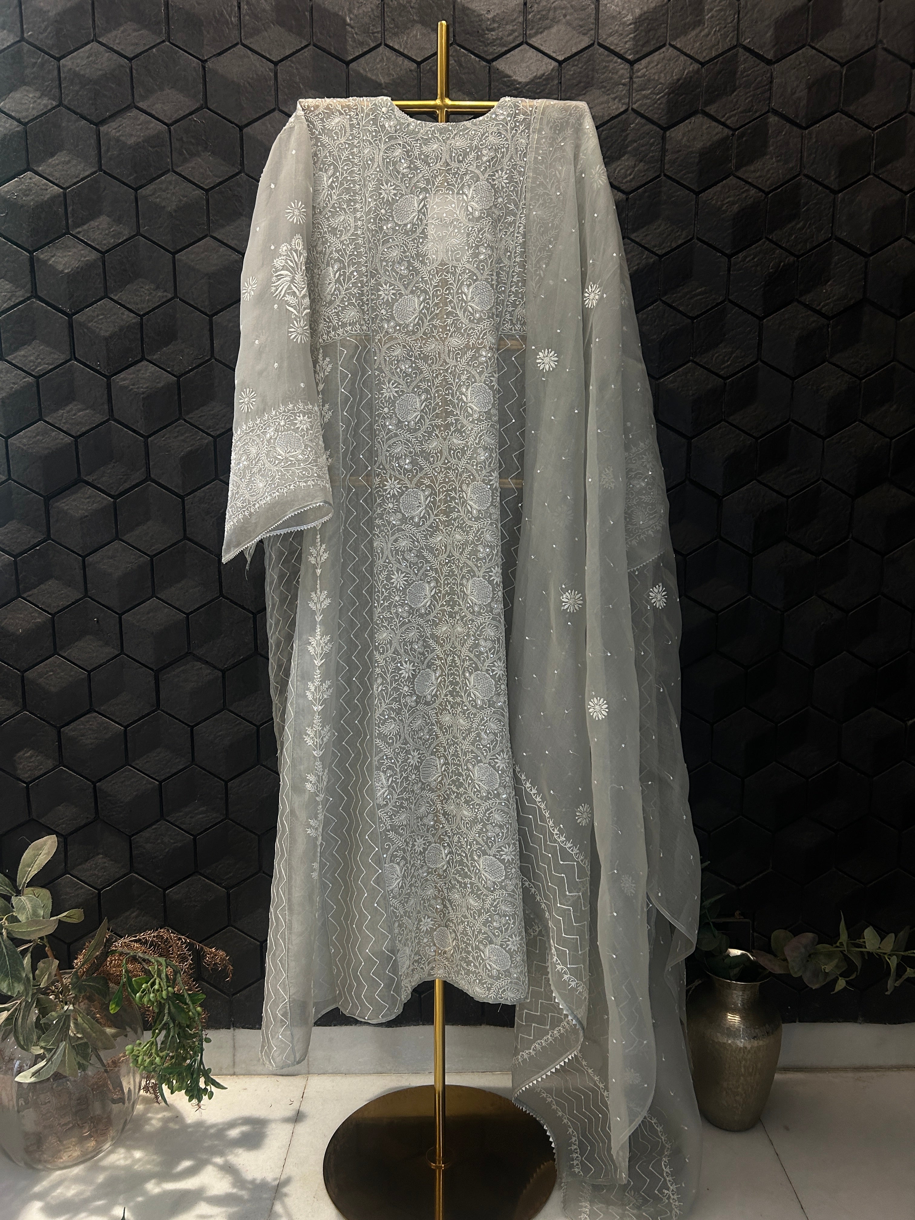 Green Organza Chikankari Anarkali Set