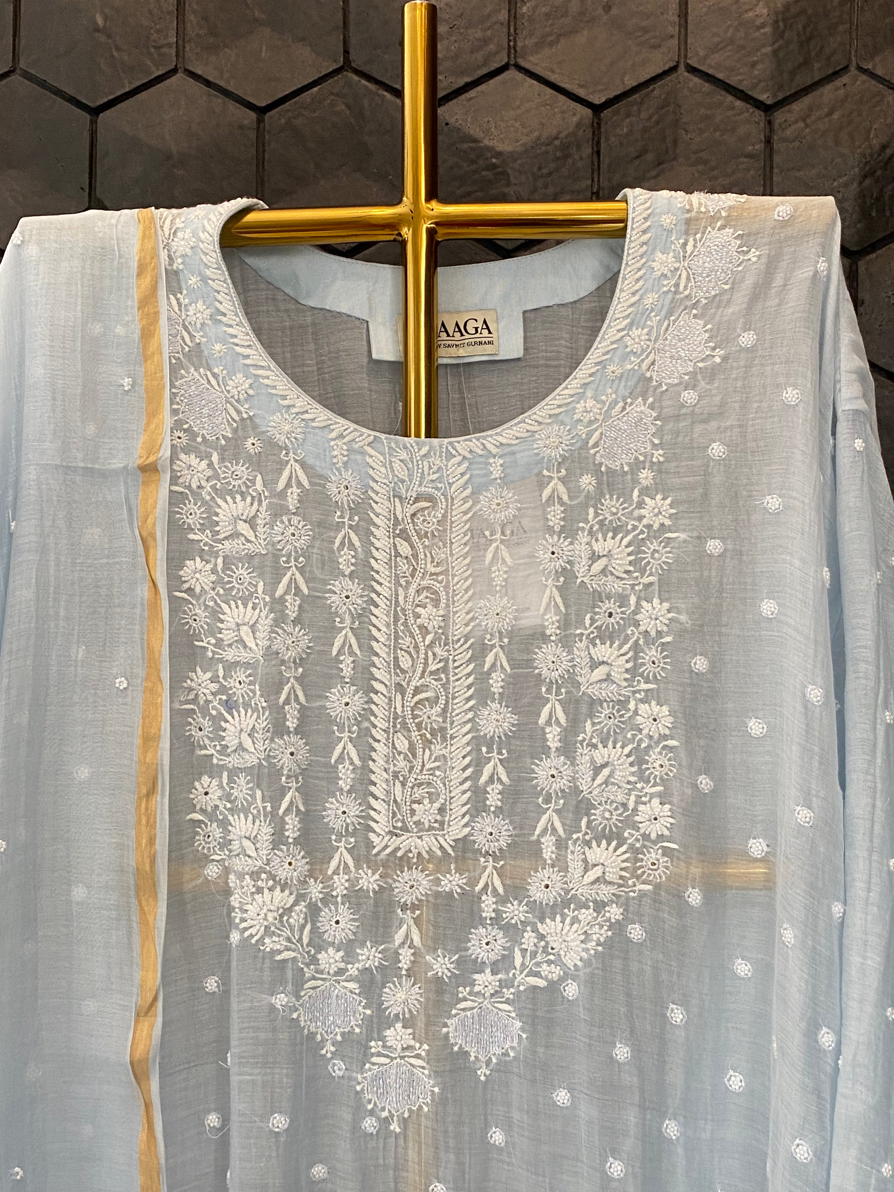 Blue Mul Chanderi chikankari kurta set