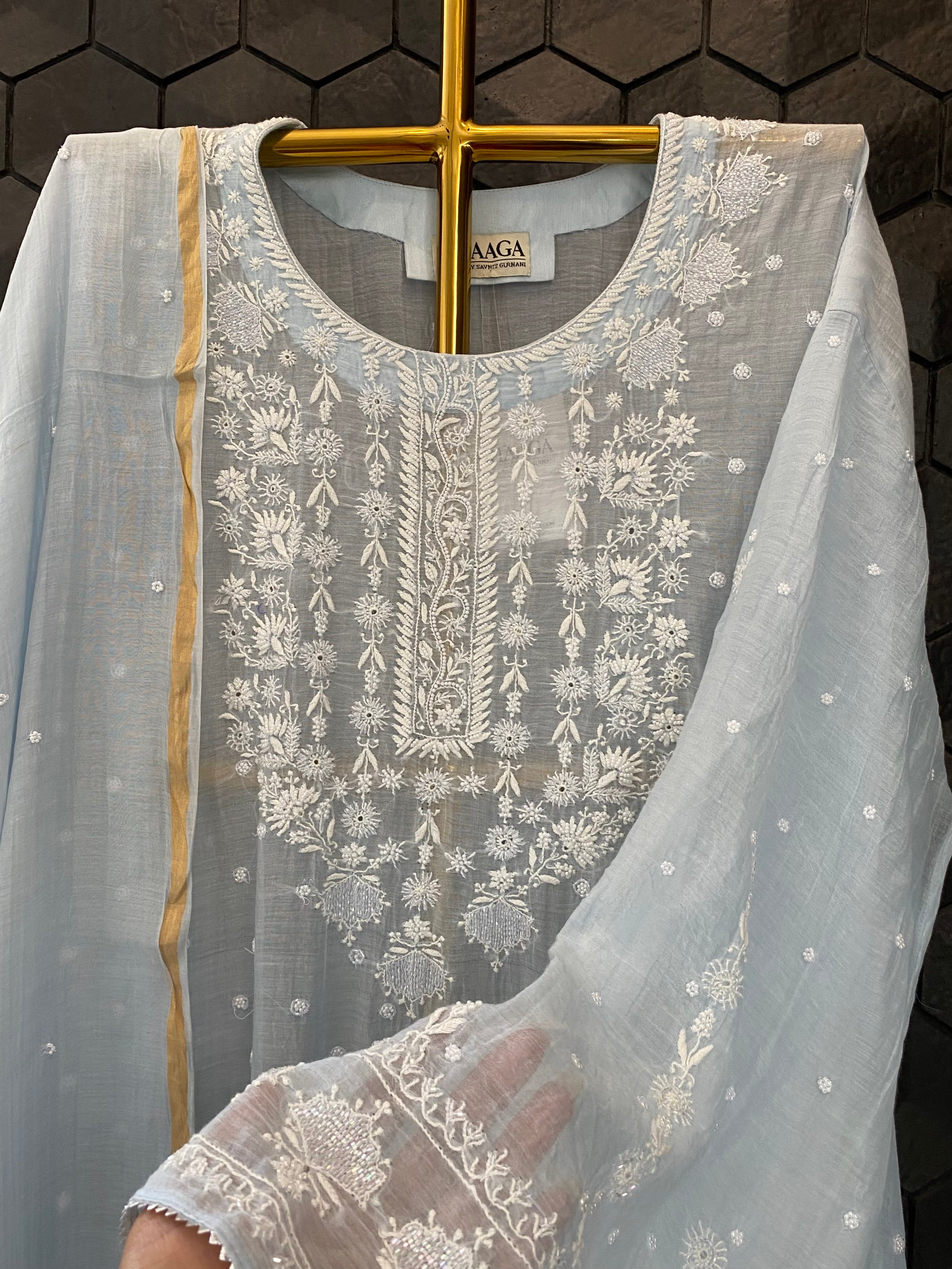 Blue Mul Chanderi chikankari kurta set
