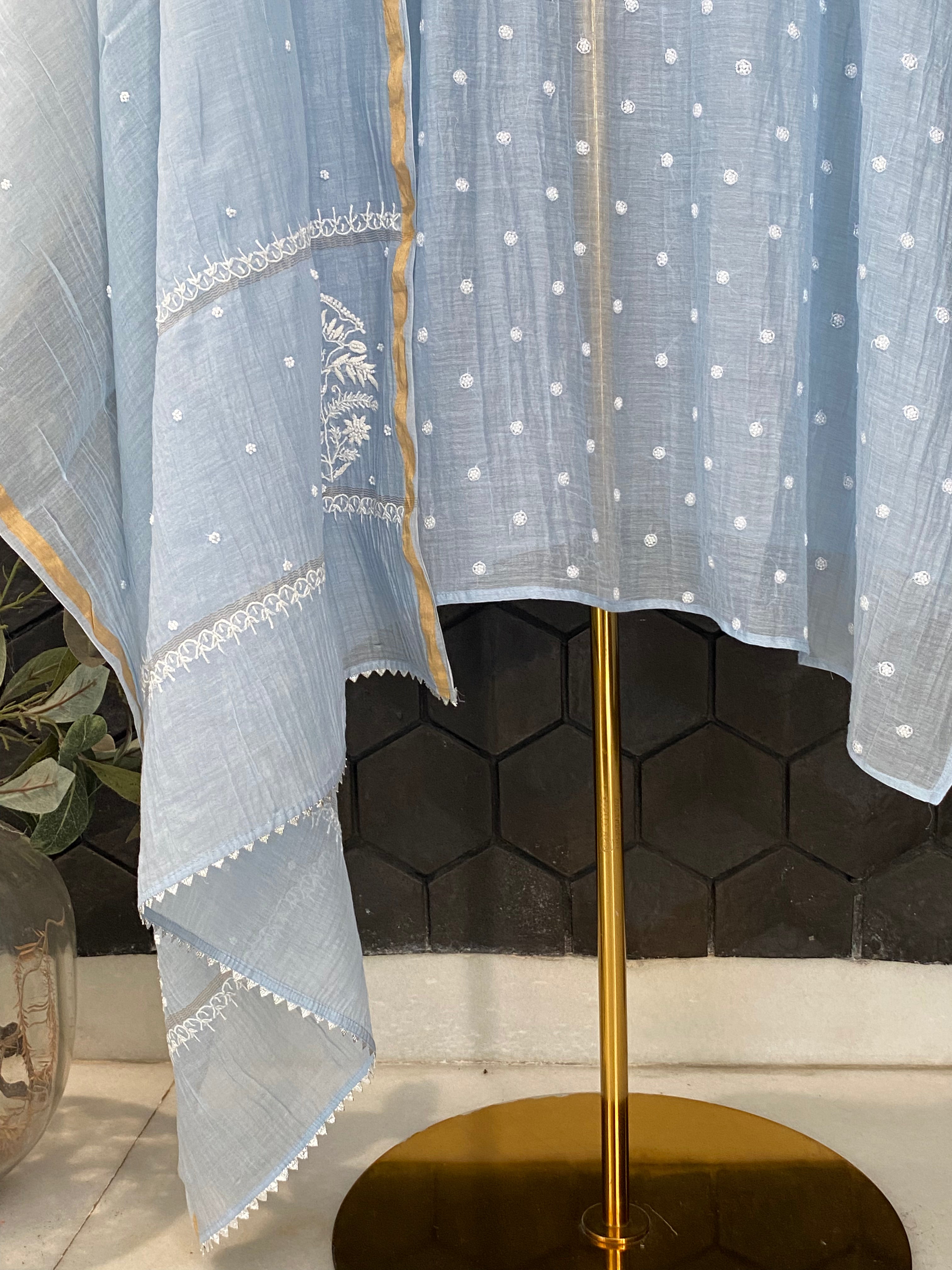 Blue Mul Chanderi chikankari kurta set