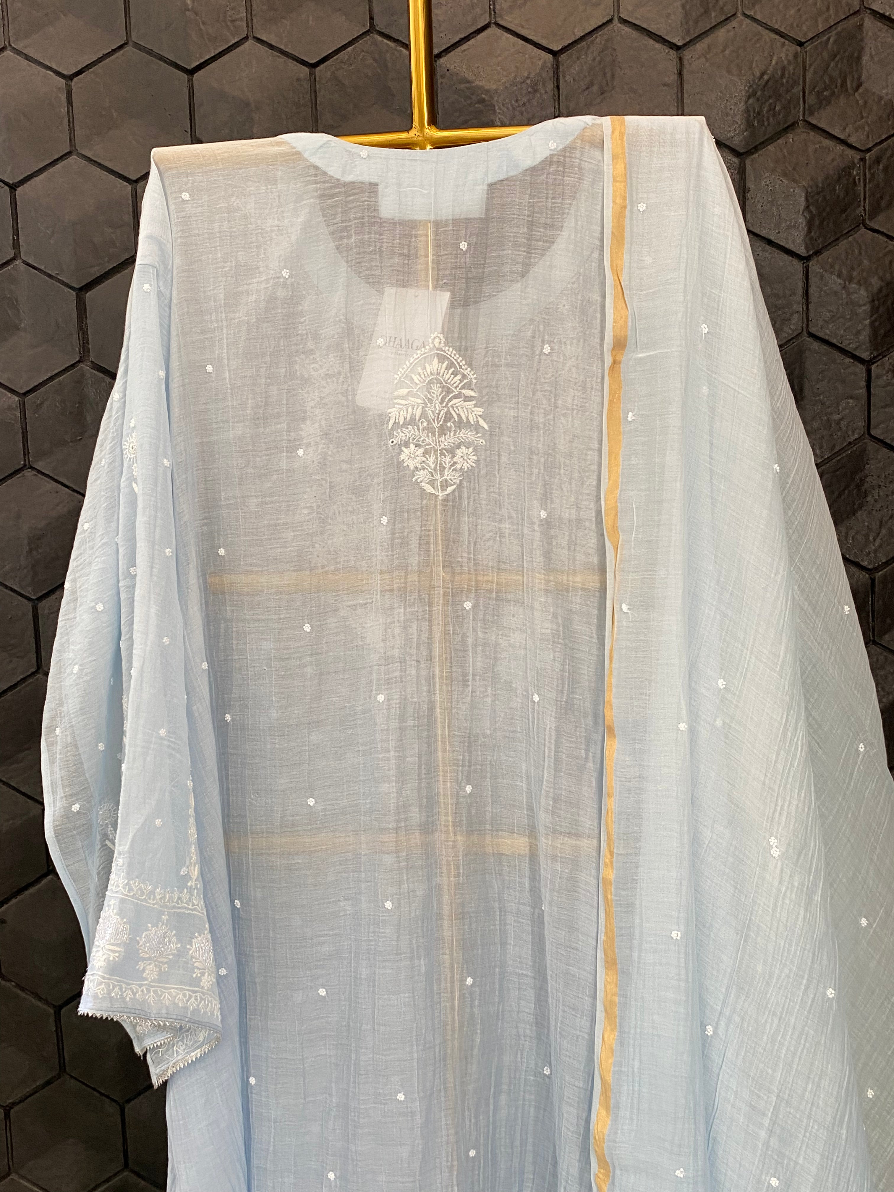 Blue Mul Chanderi chikankari kurta set
