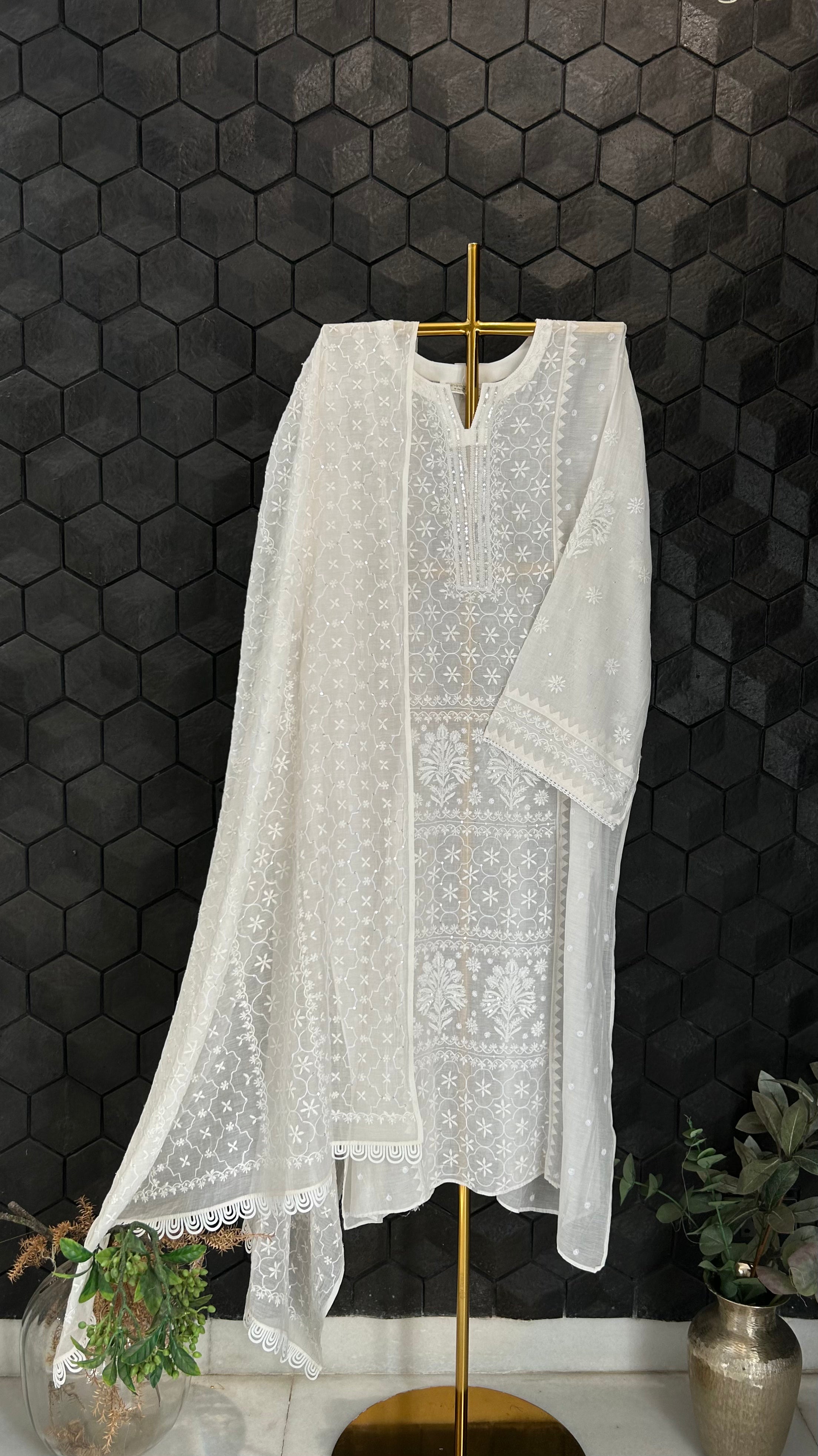 White Chanderi Chikankari Kurta Set