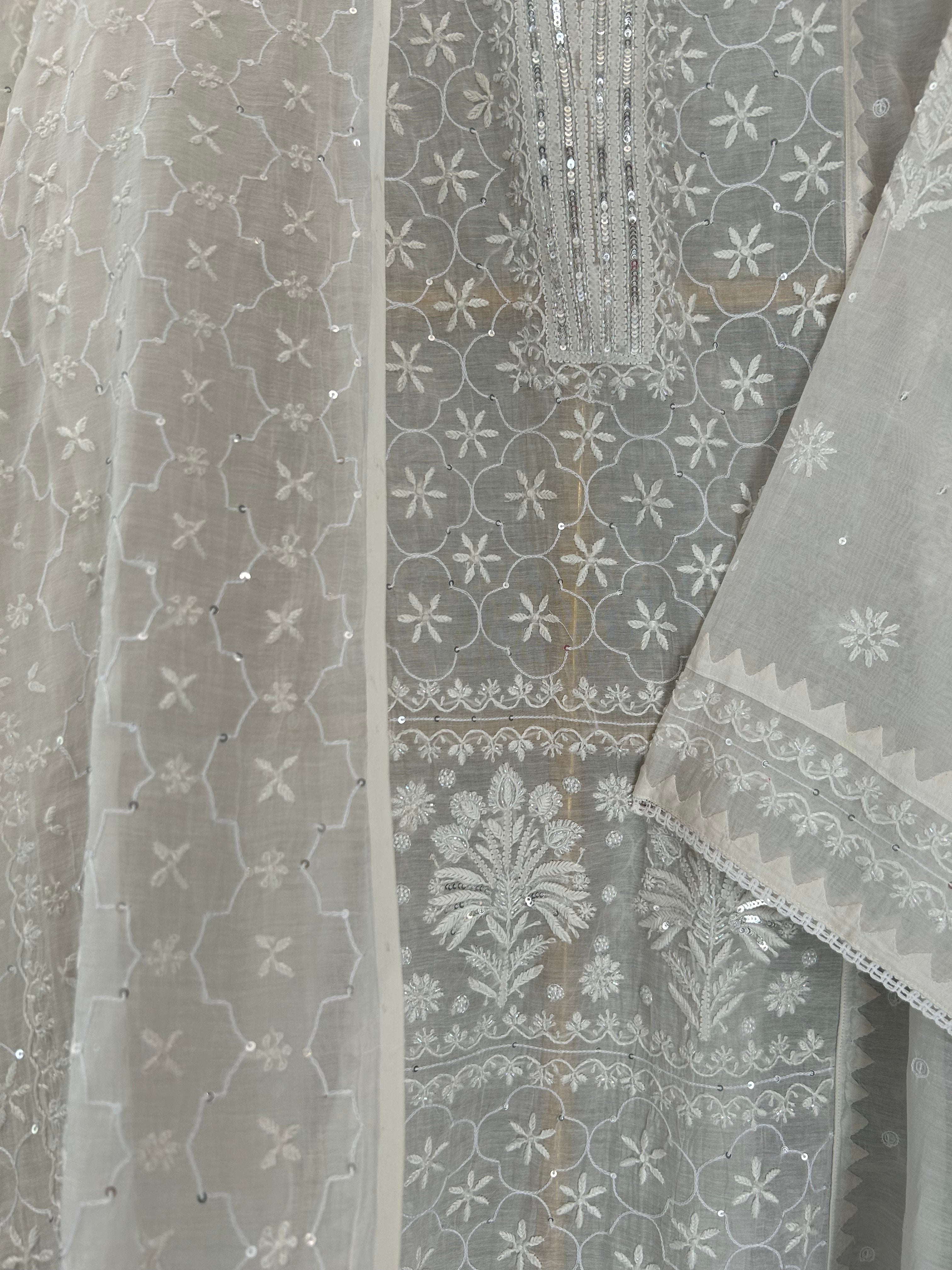 White Chanderi Chikankari Kurta Set