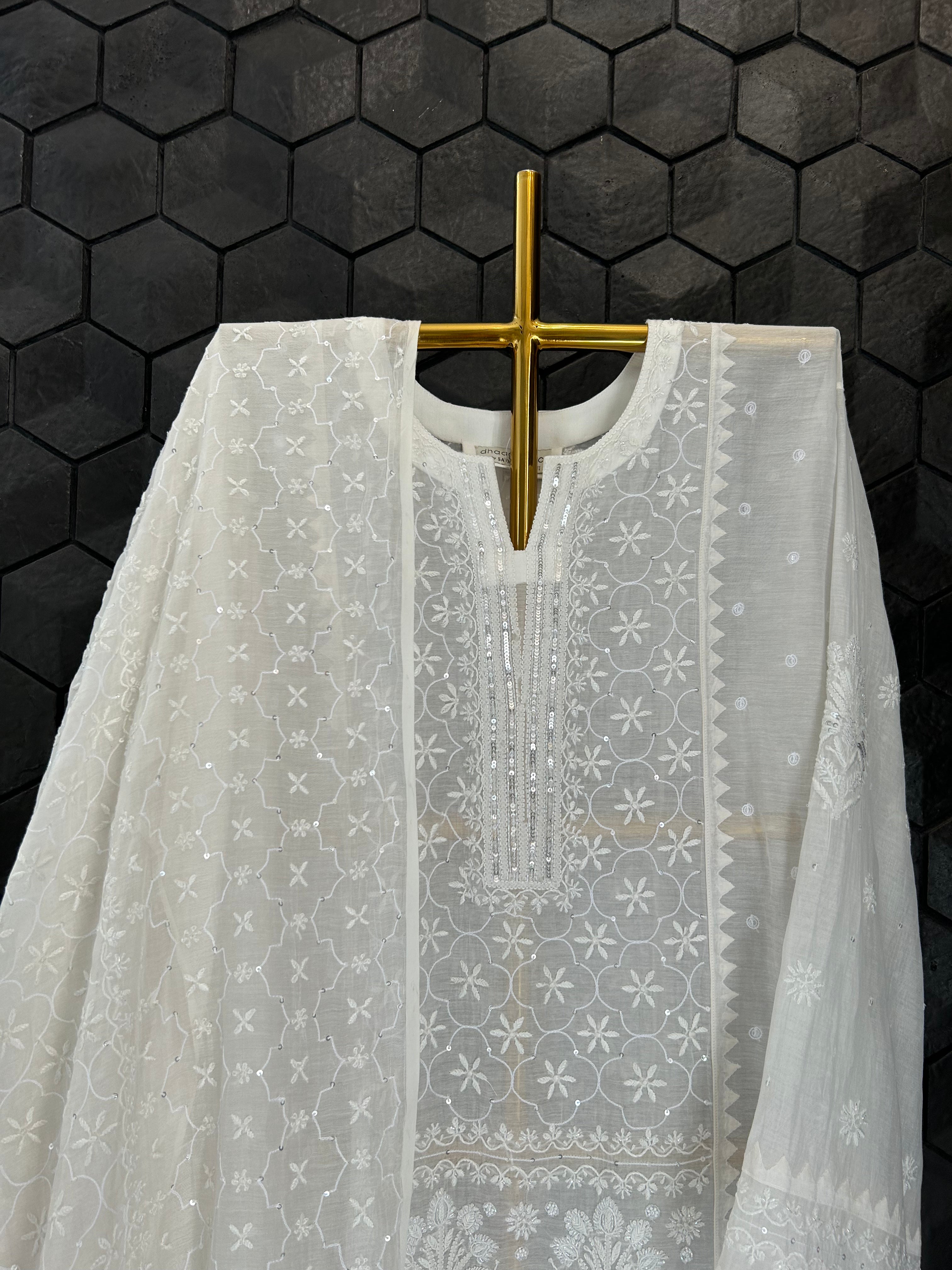 White Chanderi Chikankari Kurta Set