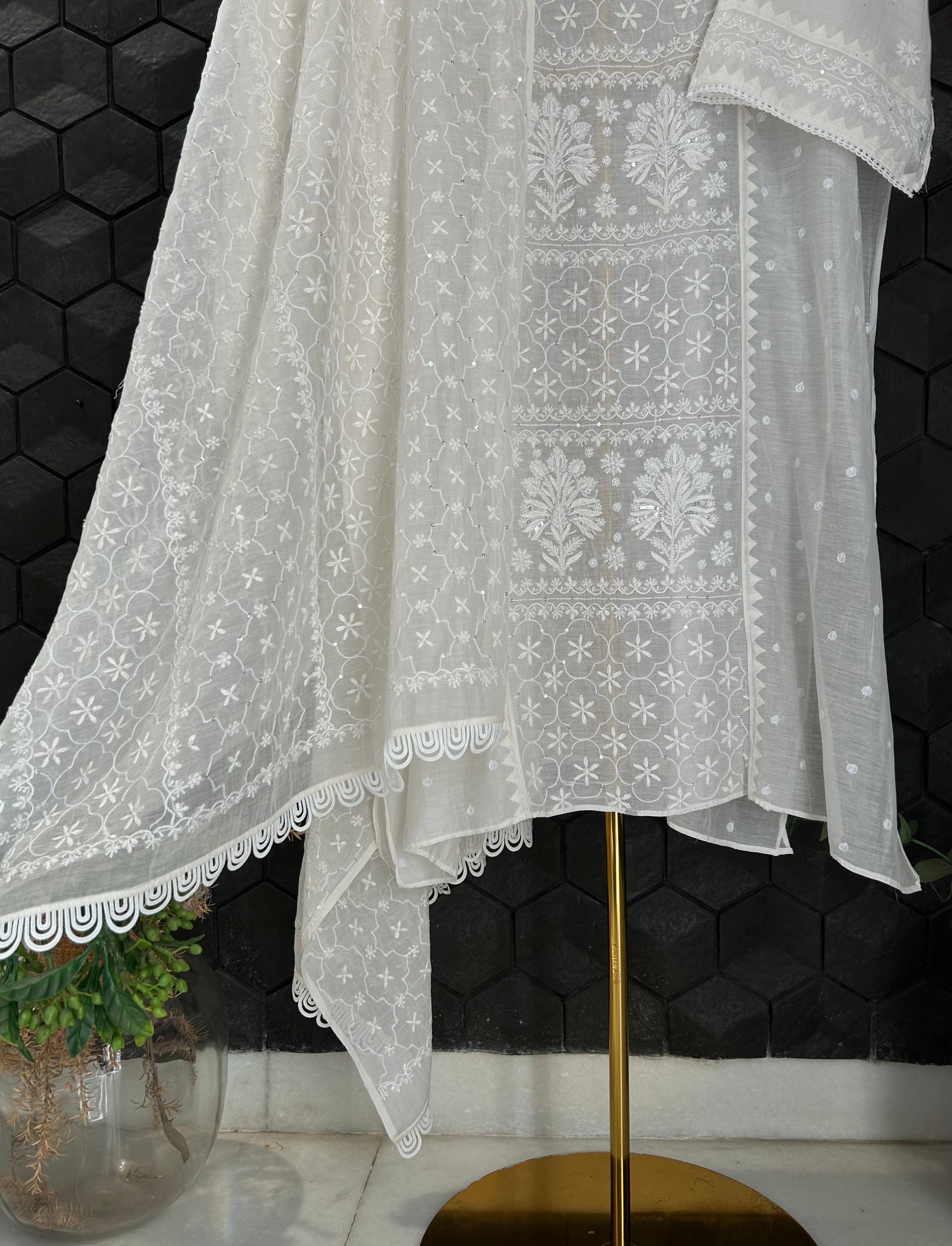 White Chanderi Chikankari Kurta Set
