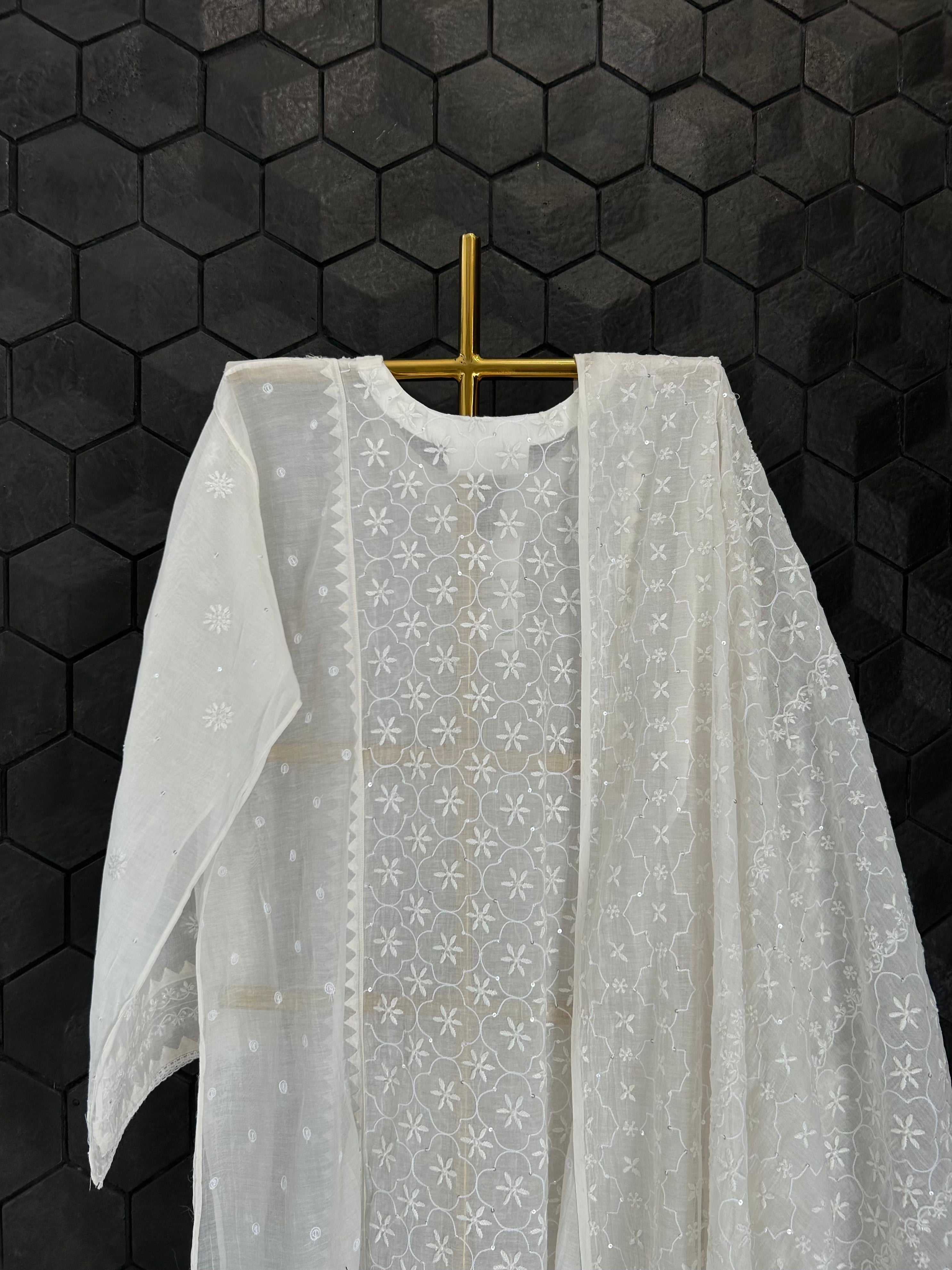 White Chanderi Chikankari Kurta Set