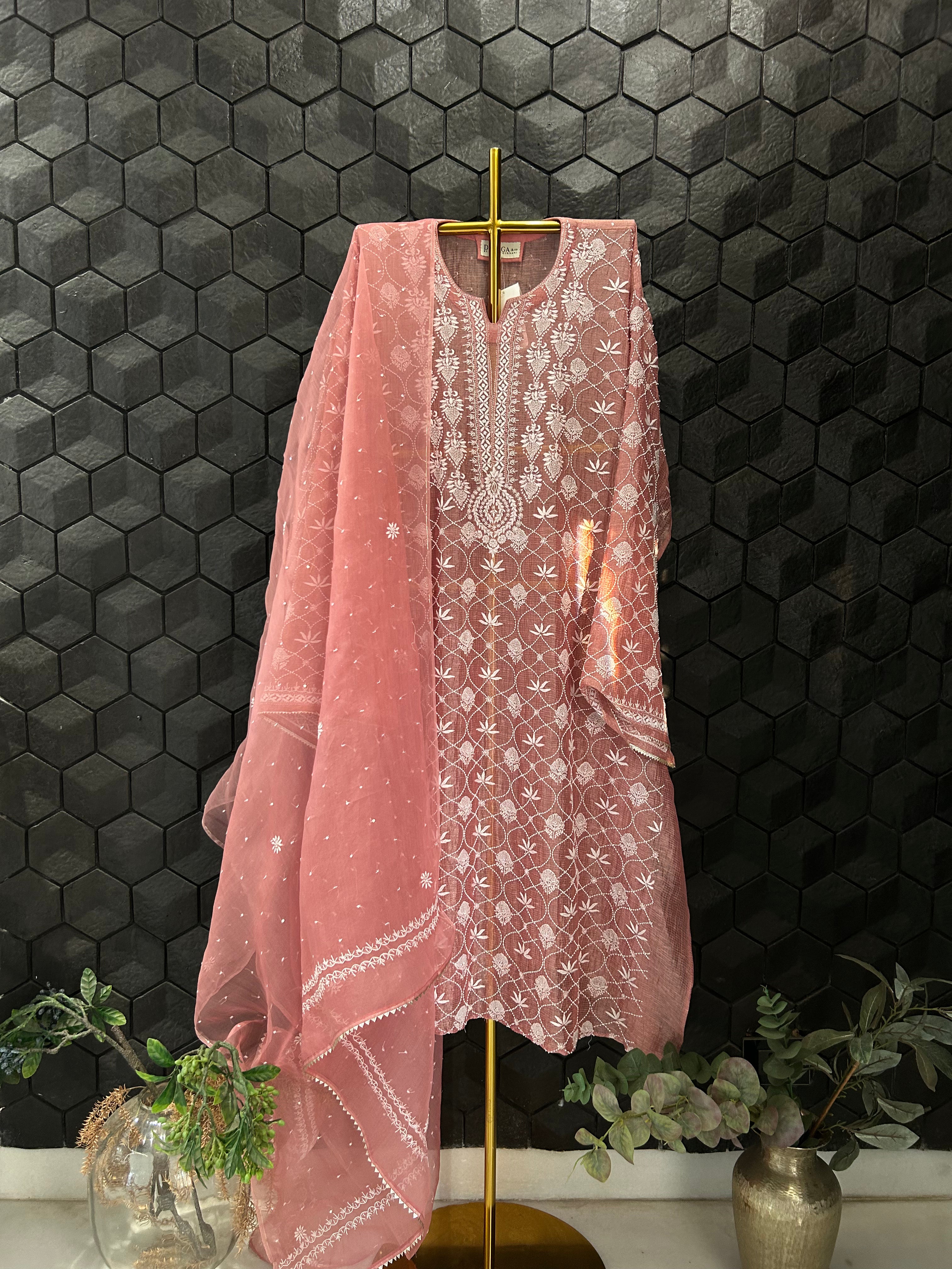 Pink Silver Tissue Kota Chikankari Kurta Set