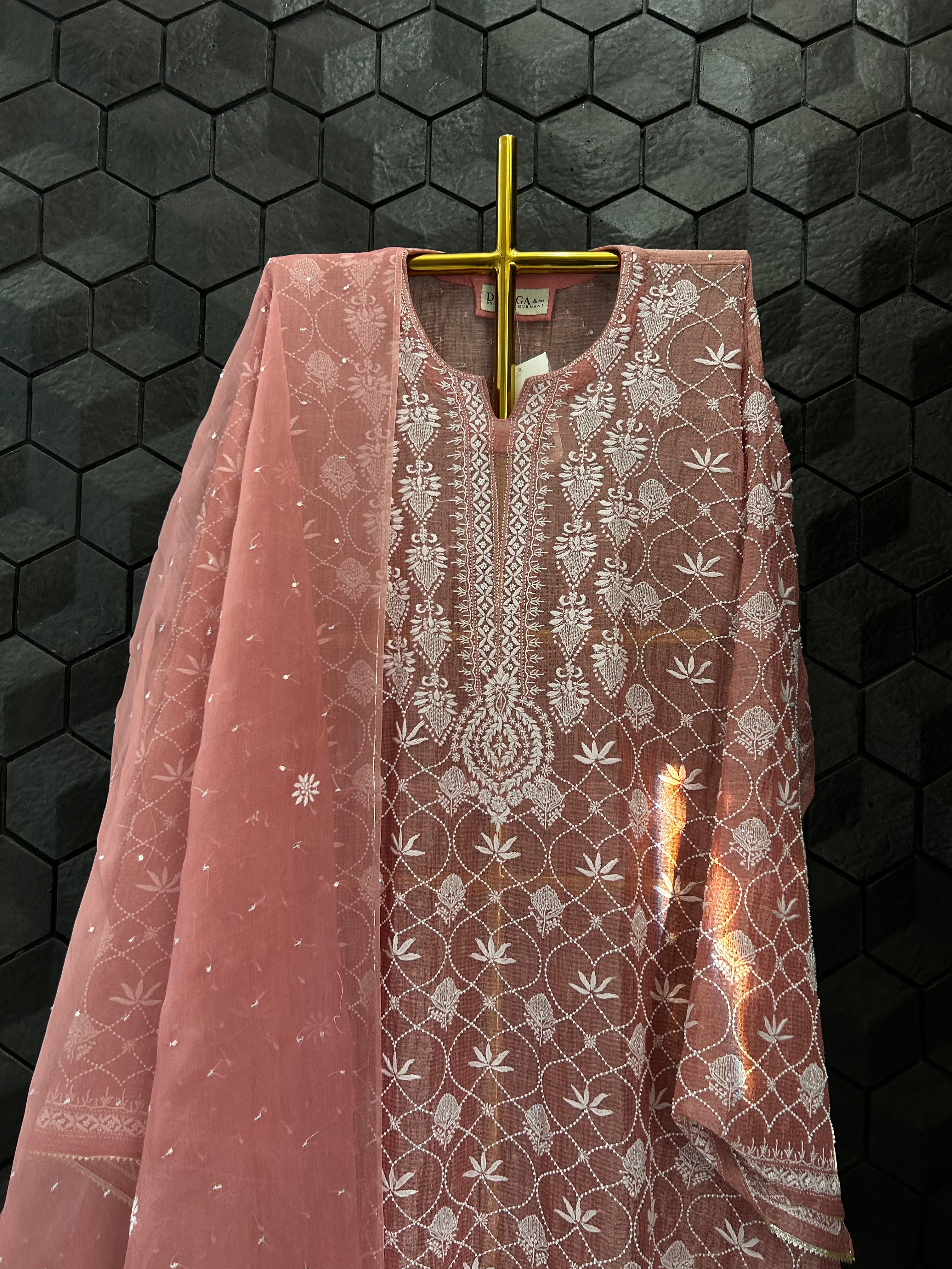 Pink Silver Tissue Kota Chikankari Kurta Set