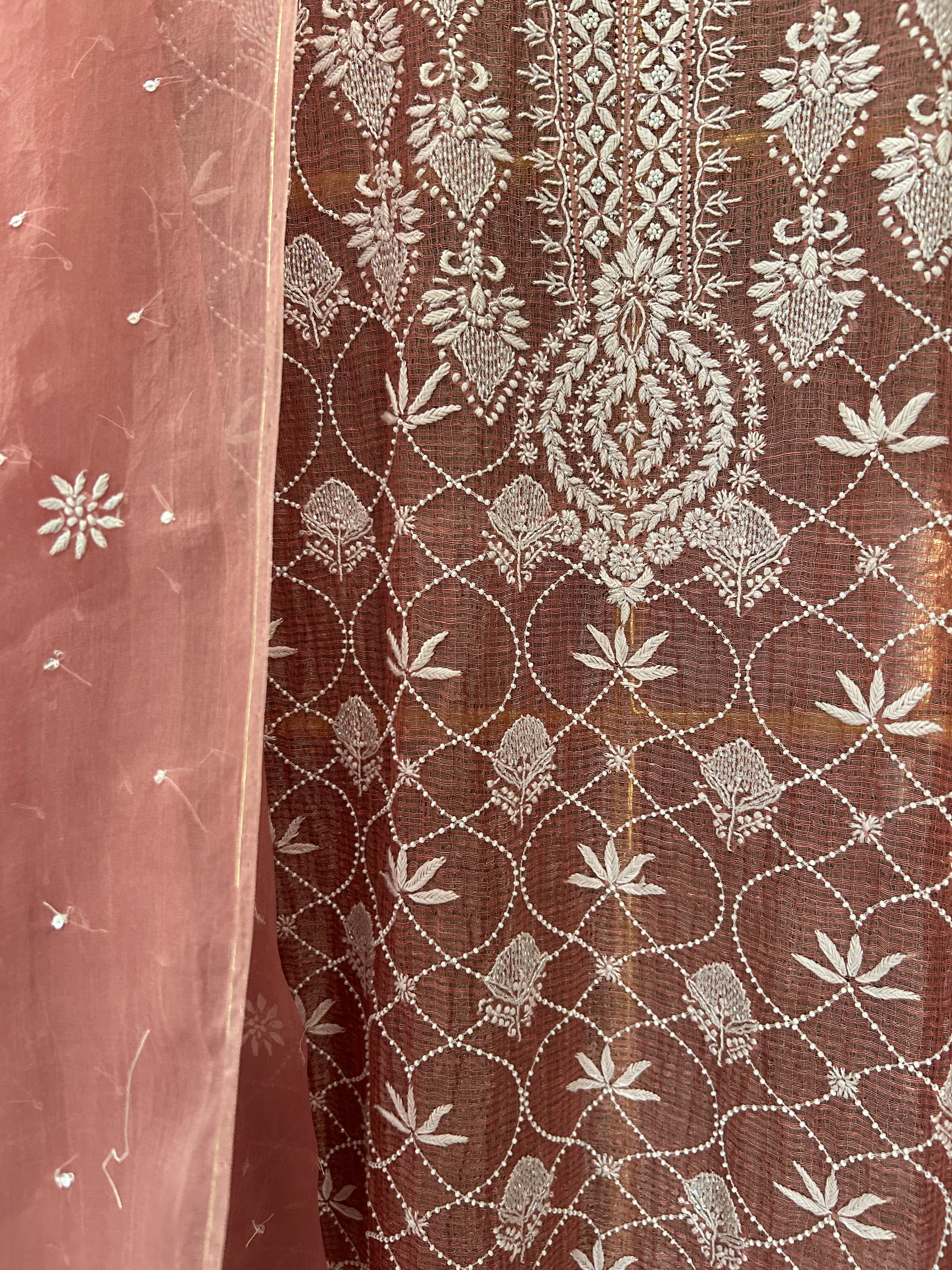 Pink Silver Tissue Kota Chikankari Kurta Set