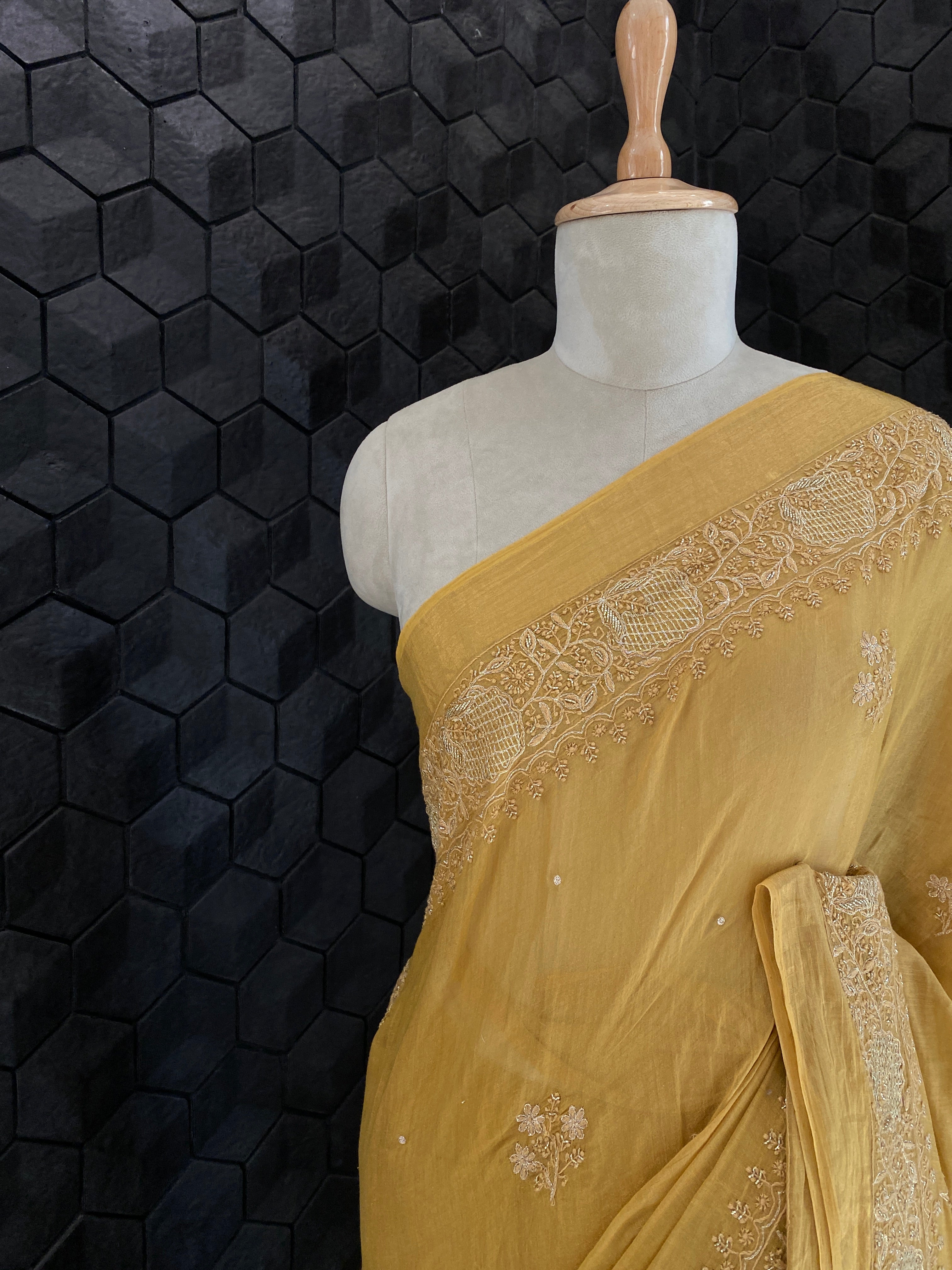 Yellow tissue chikankari saree