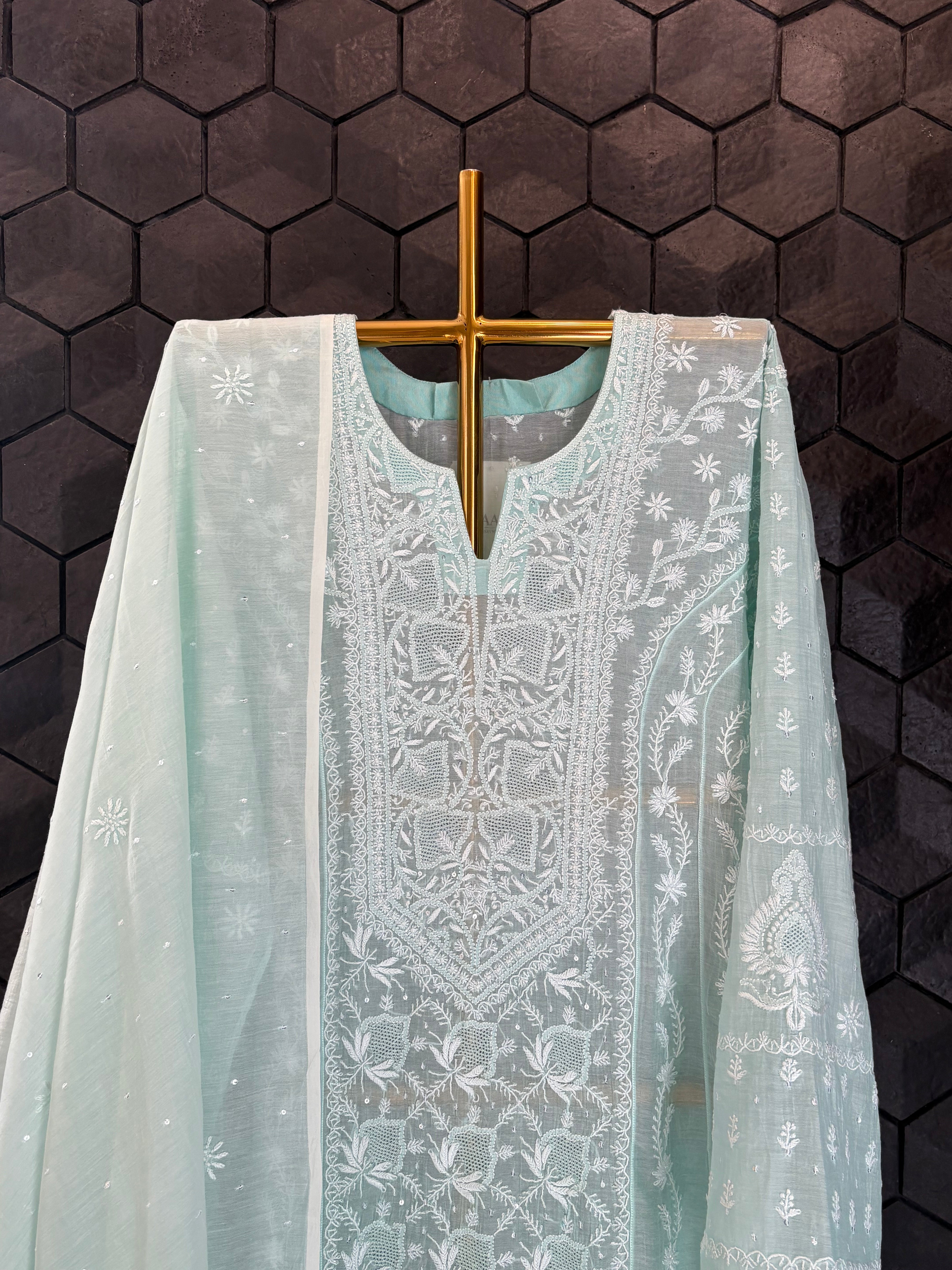 Sea Green Mul Chanderi Chikankari Anarkali Kurta Set