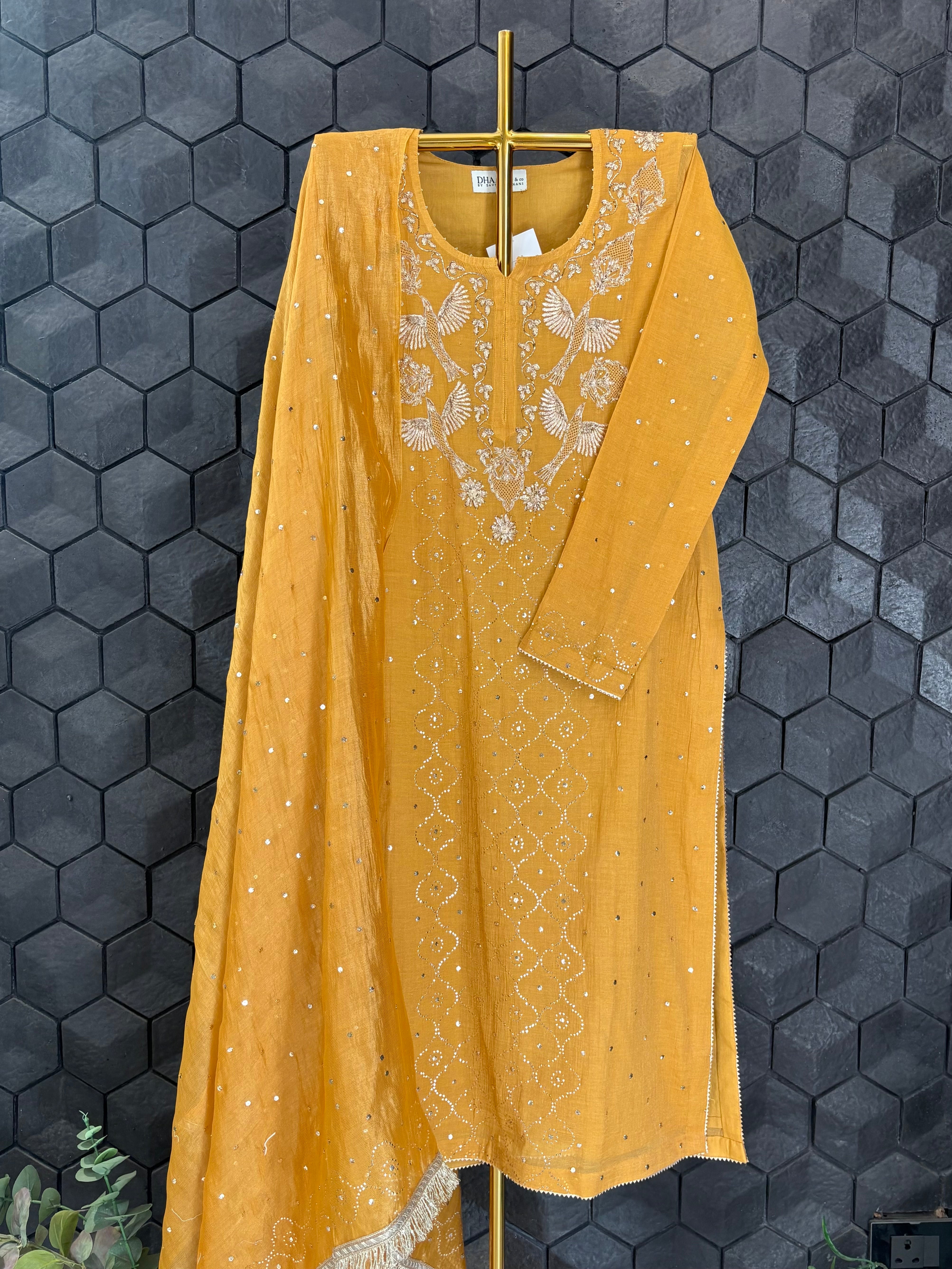 Mustard Mukaish Tissue Kurta Set