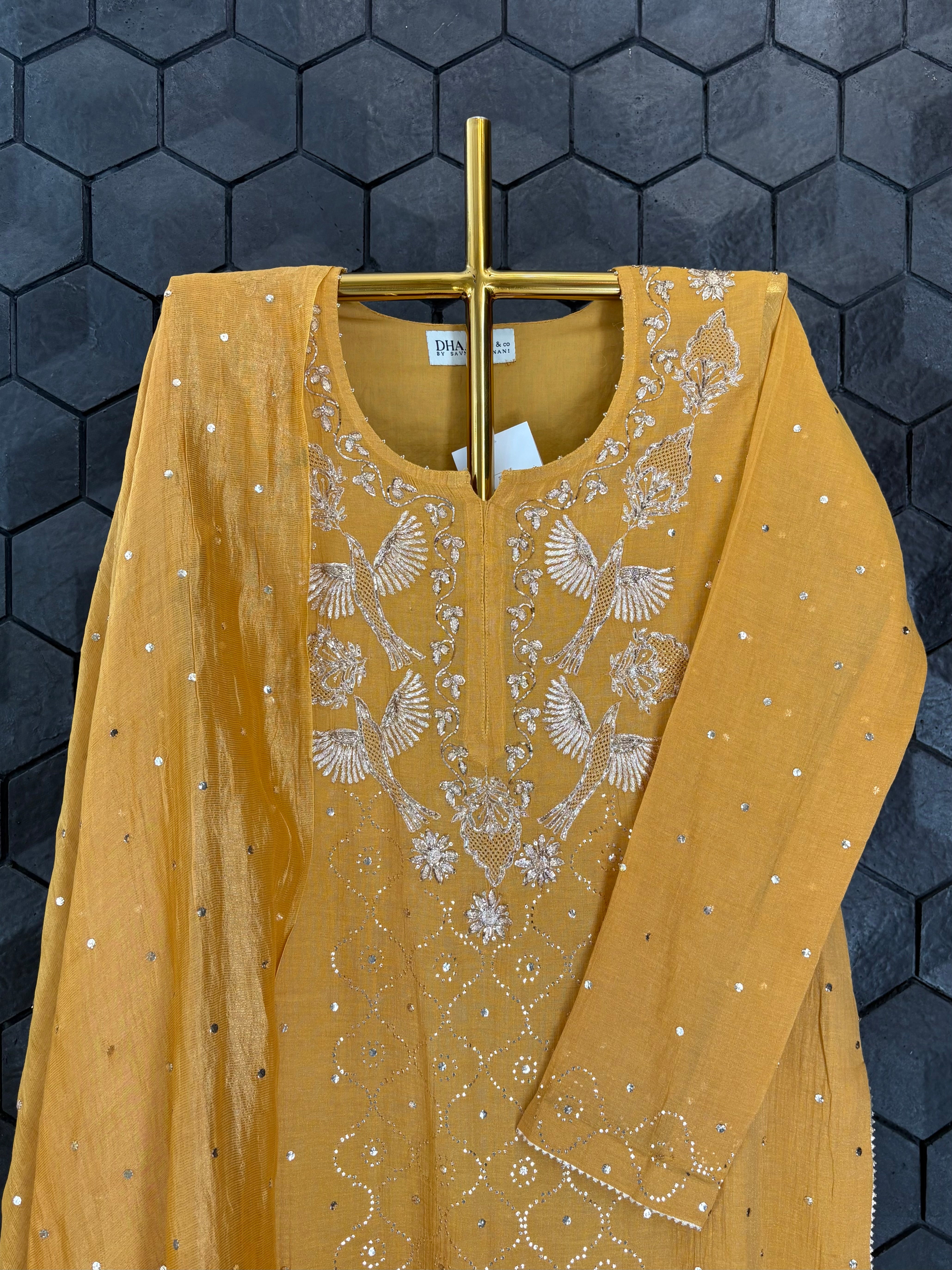 Mustard Mukaish Tissue Kurta Set