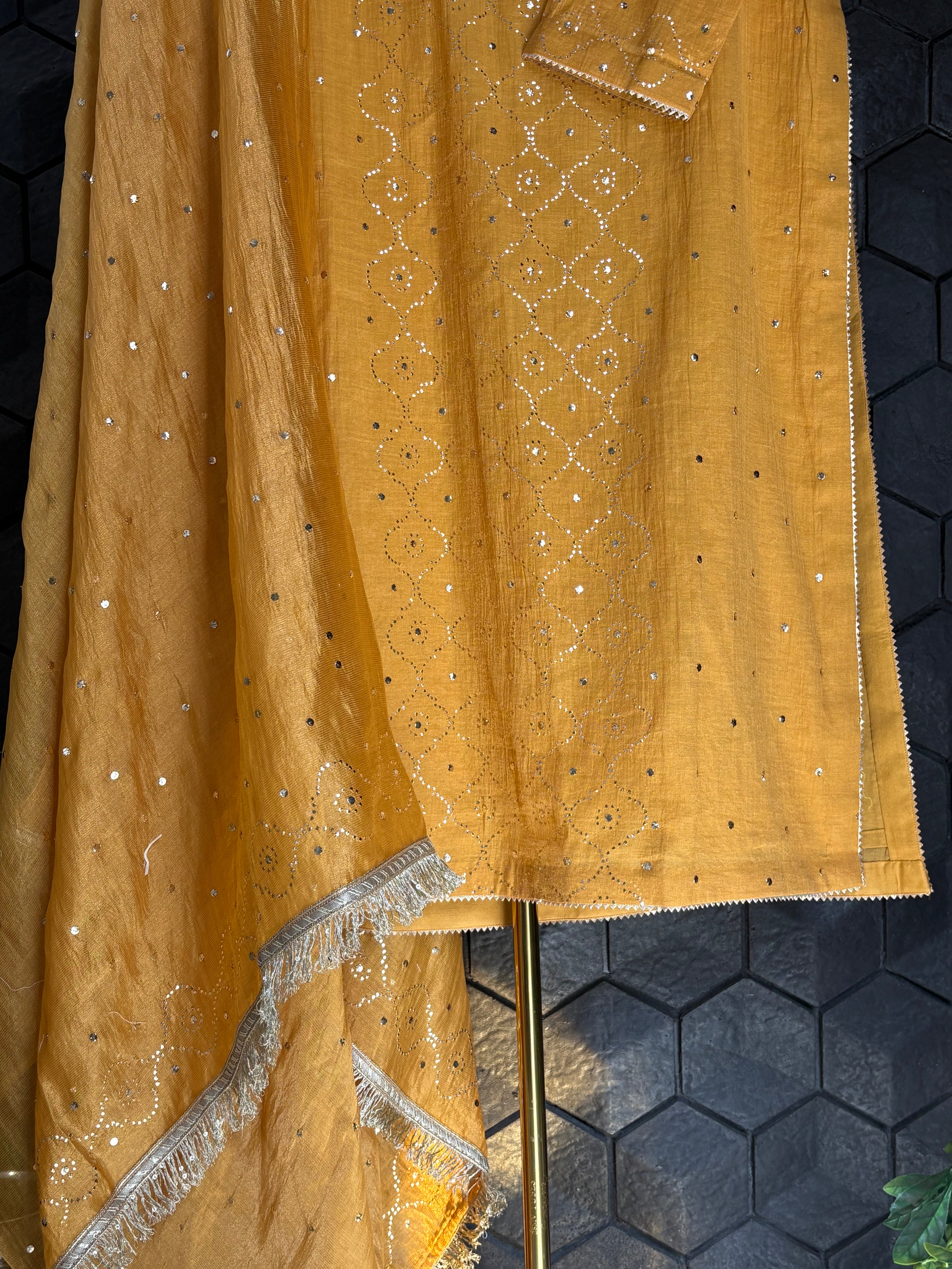 Mustard Mukaish Tissue Kurta Set