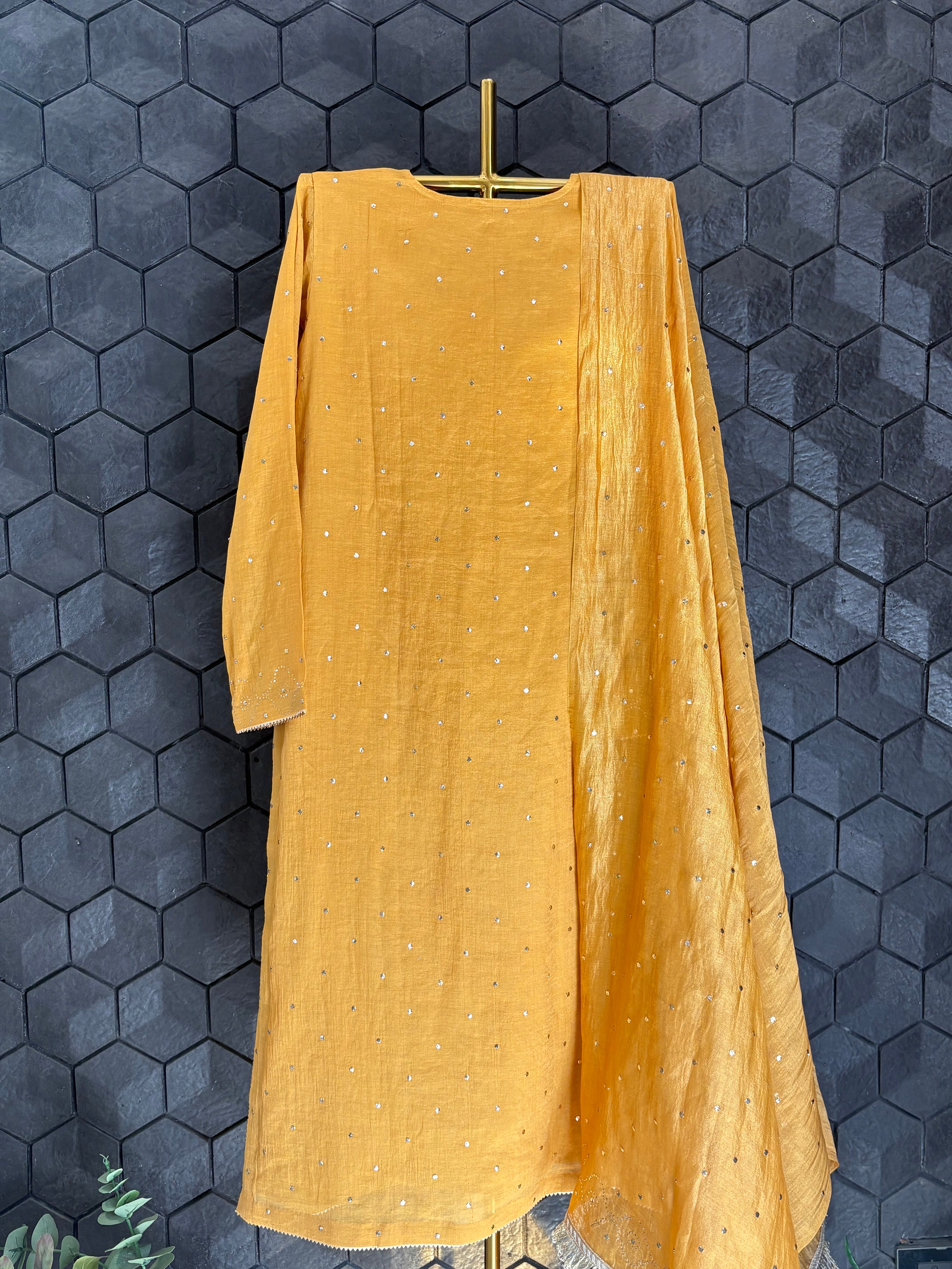 Mustard Mukaish Tissue Kurta Set