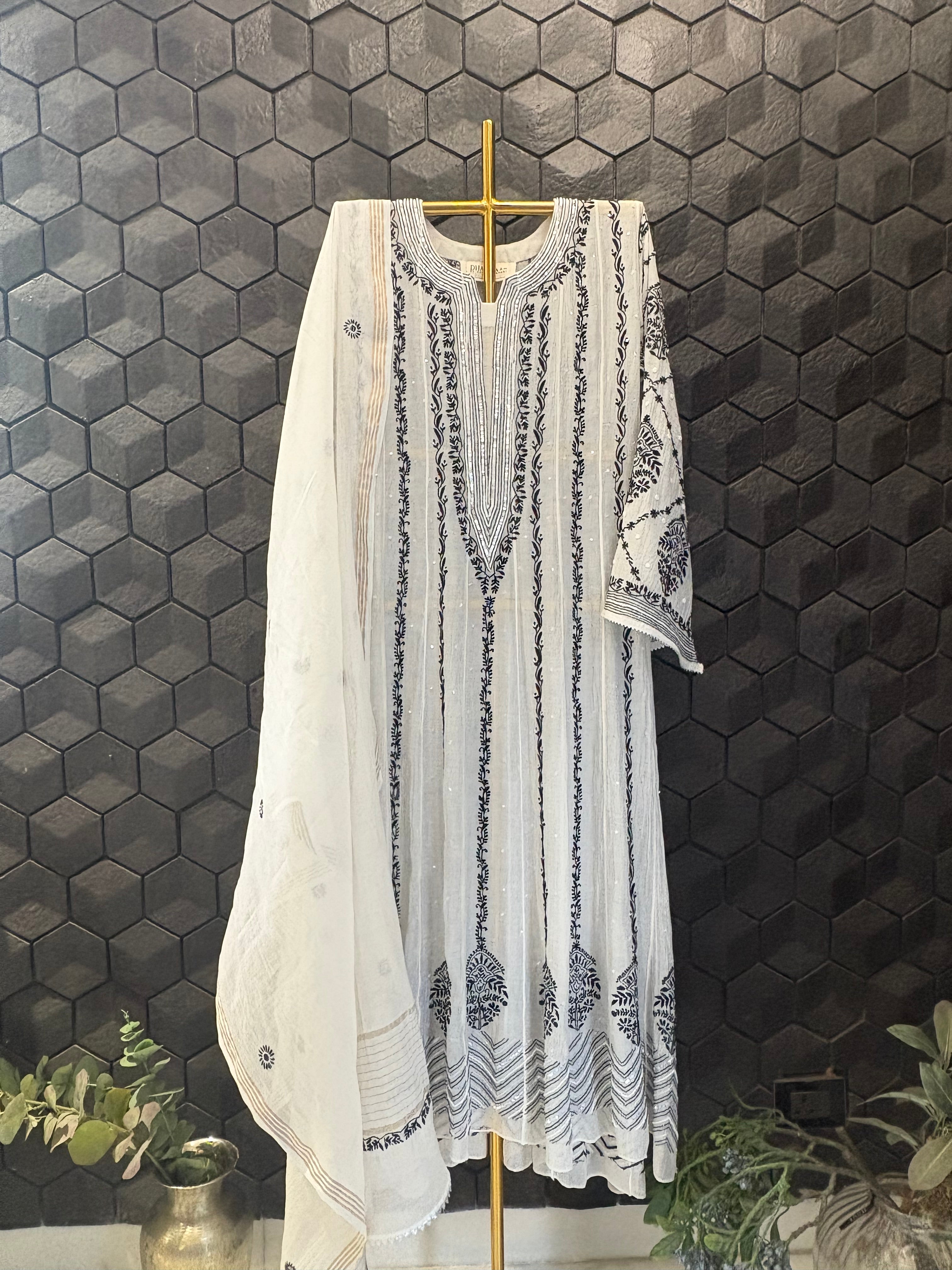 White Mul Chanderi Anarkali
