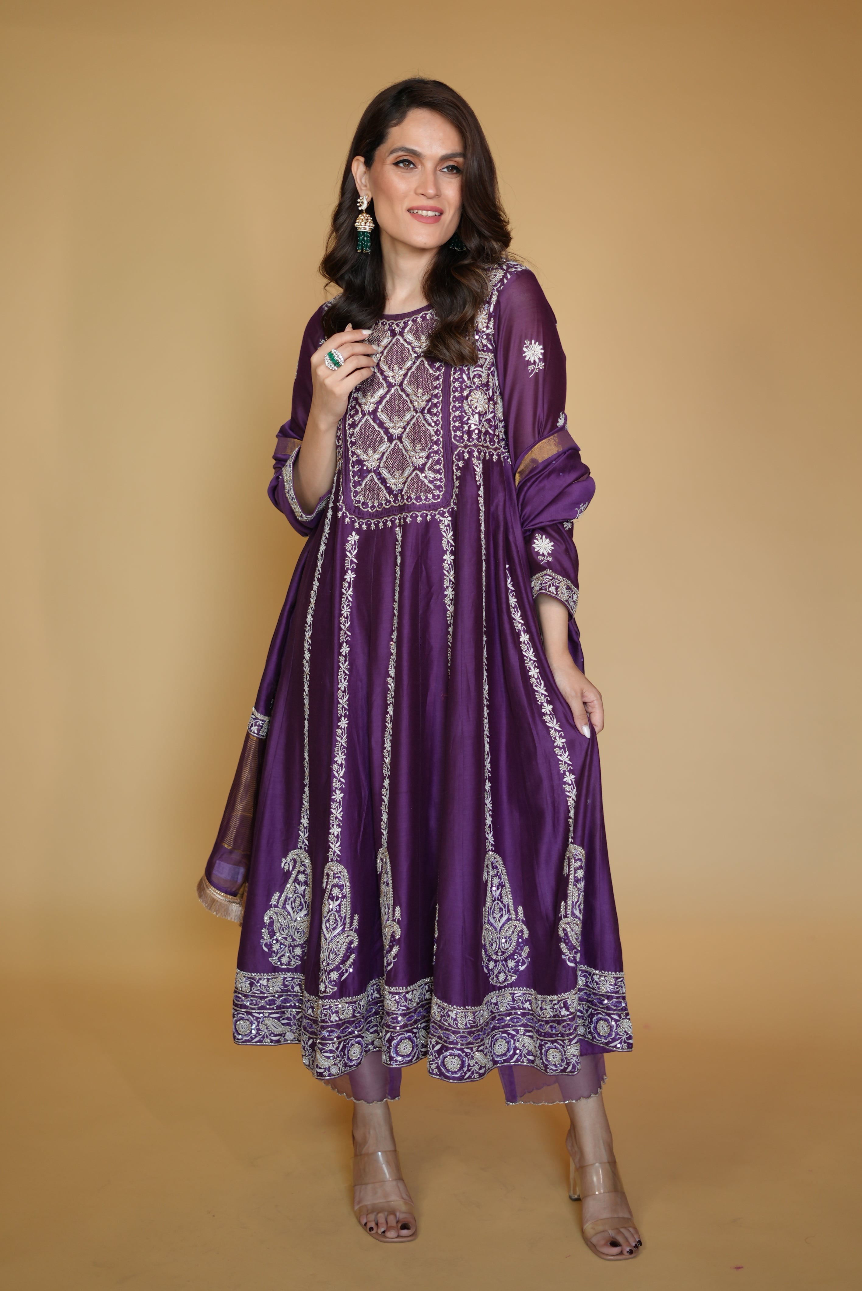 Aakriti in Purple Chanderi Chikankari Anarkali Set
