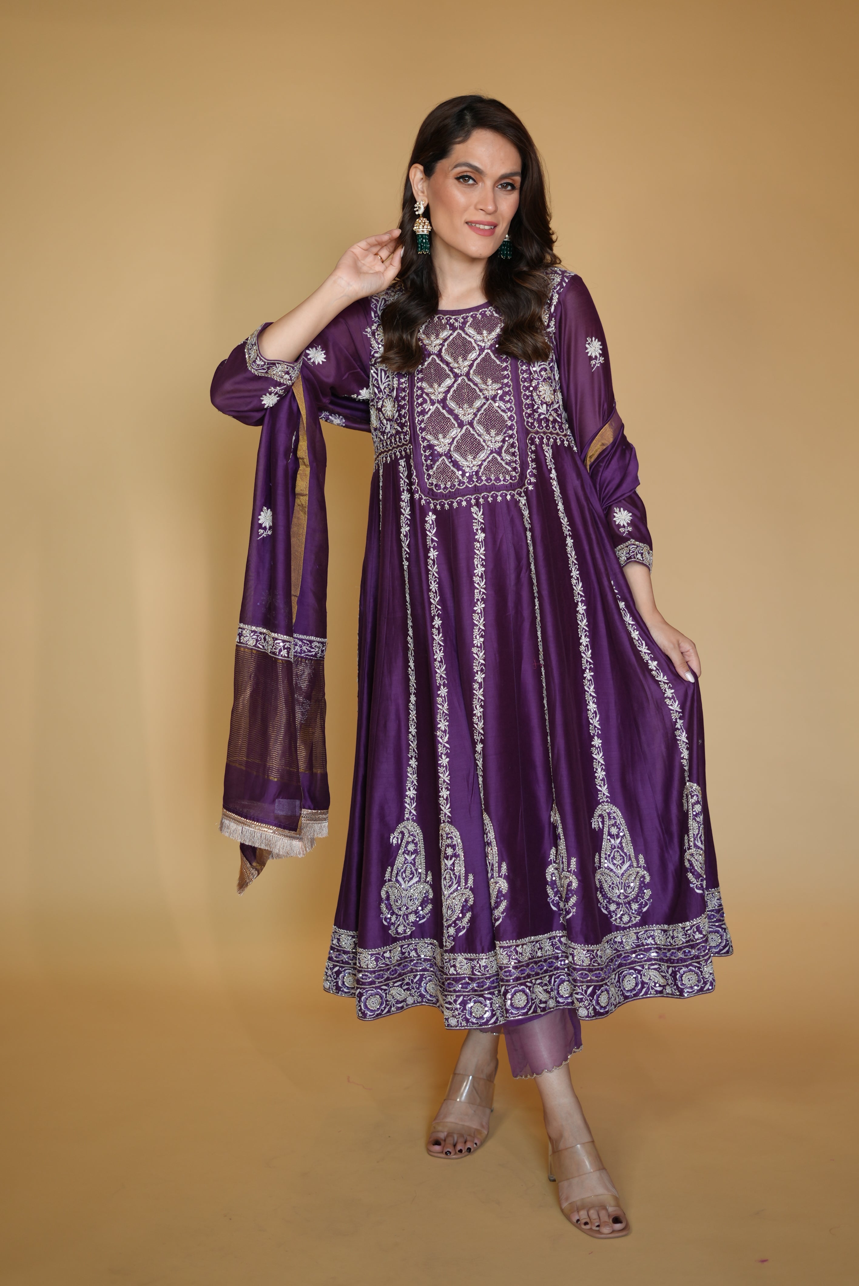 Aakriti in Purple Chanderi Chikankari Anarkali Set