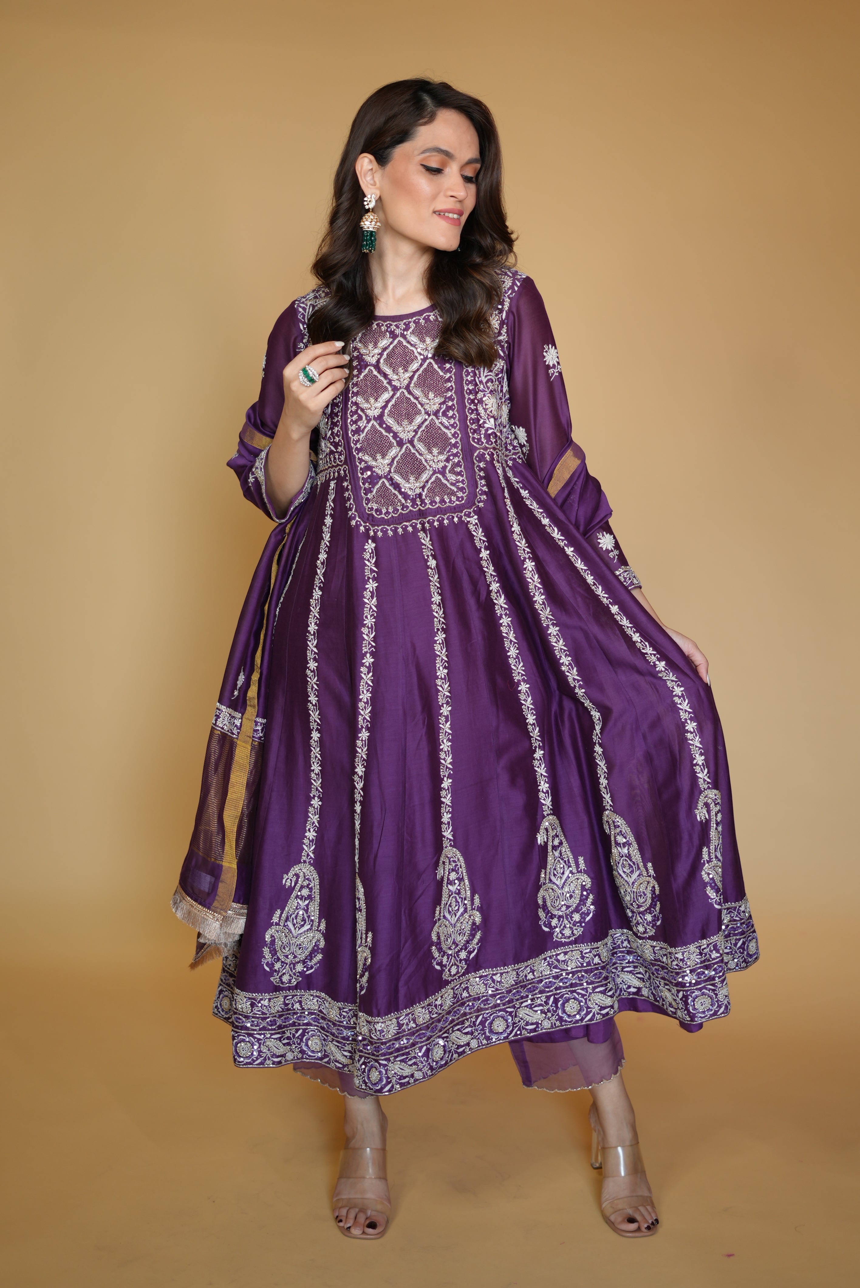 Aakriti in Purple Chanderi Chikankari Anarkali Set