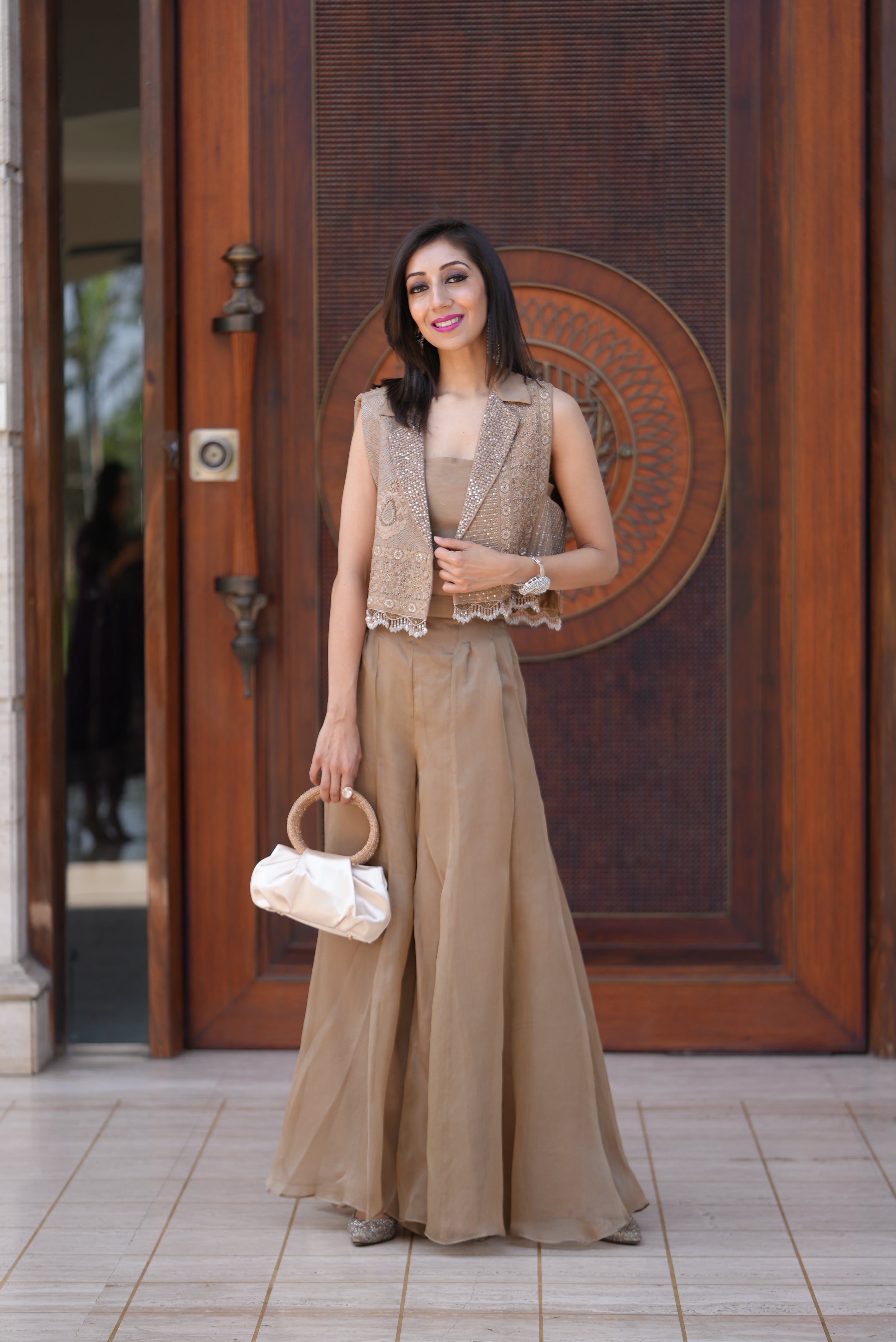 Premium Organza Sharara and Top With Brown Jacket