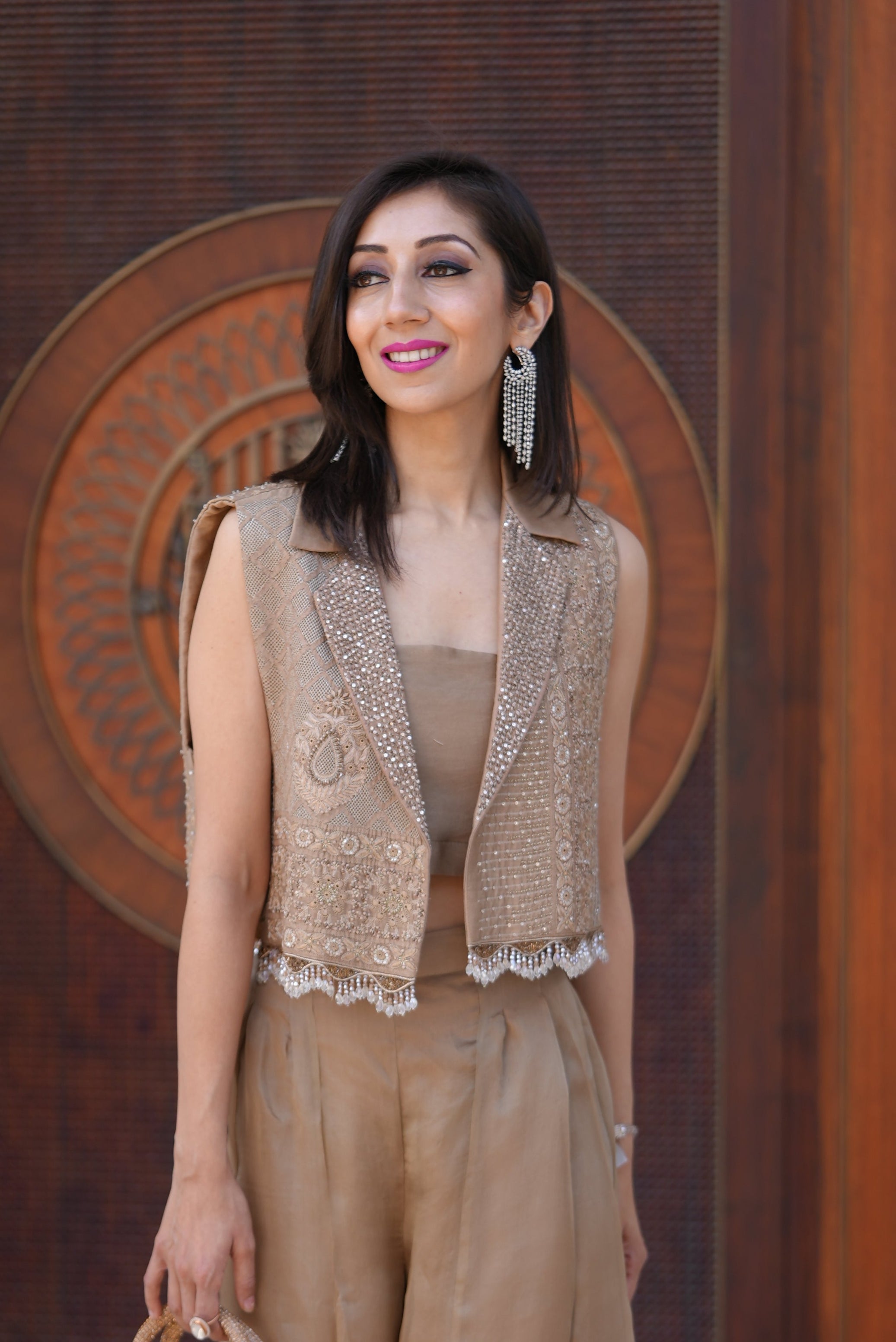 Premium Organza Sharara and Top With Brown Jacket