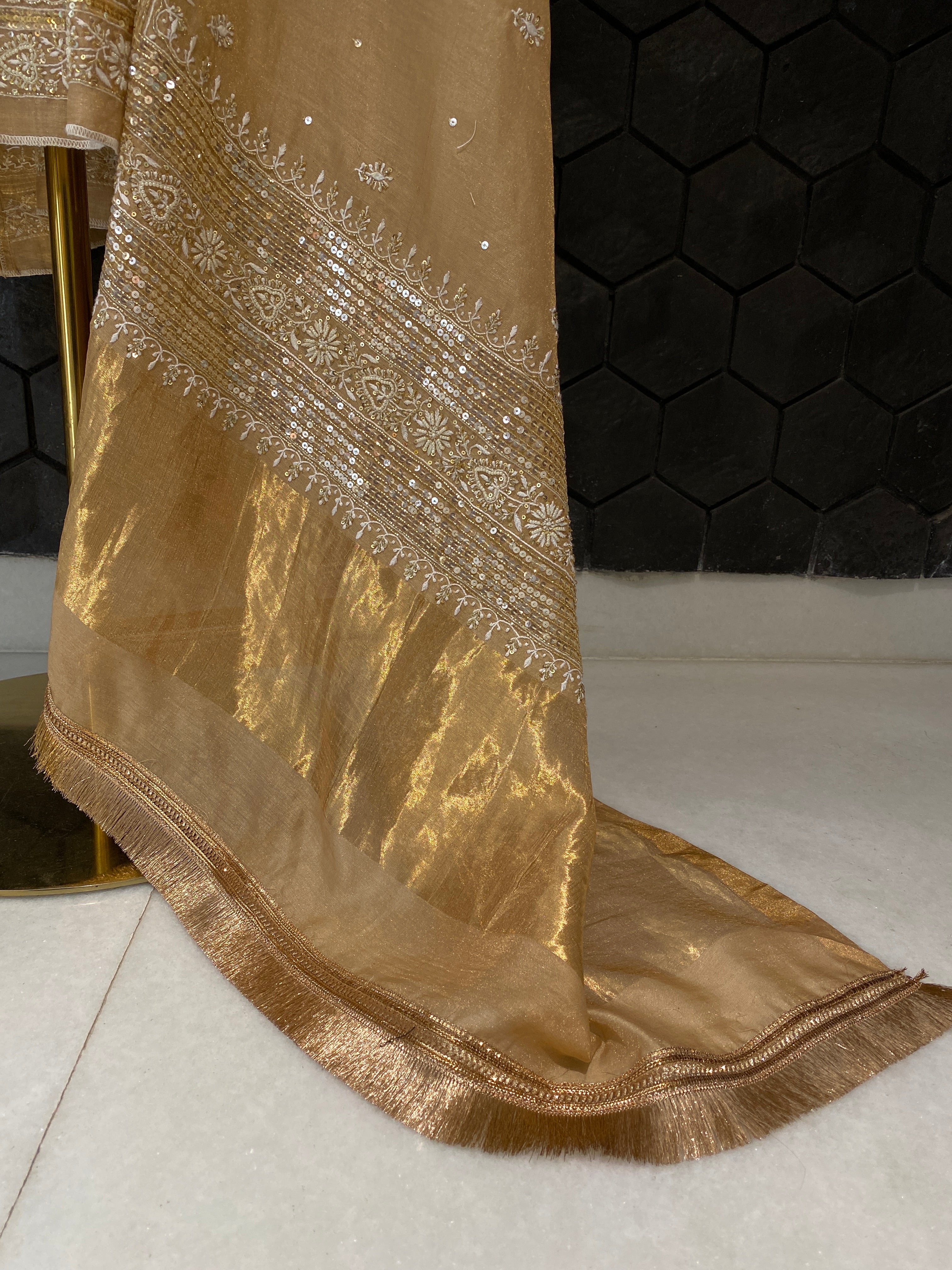 Peach tissue chikankari Anarkali set