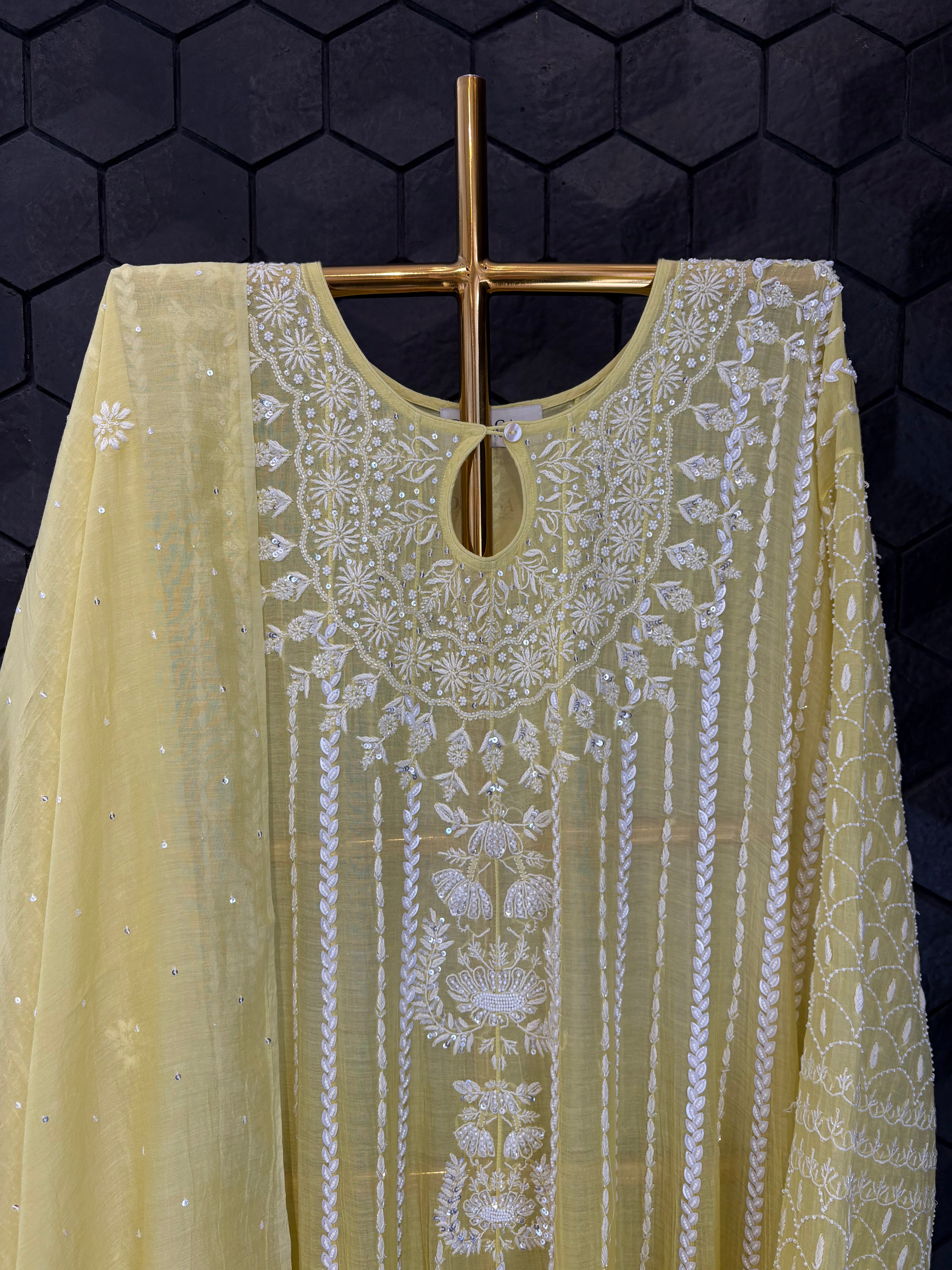 Lemon Yellow Mul Chanderi Anarkali Set