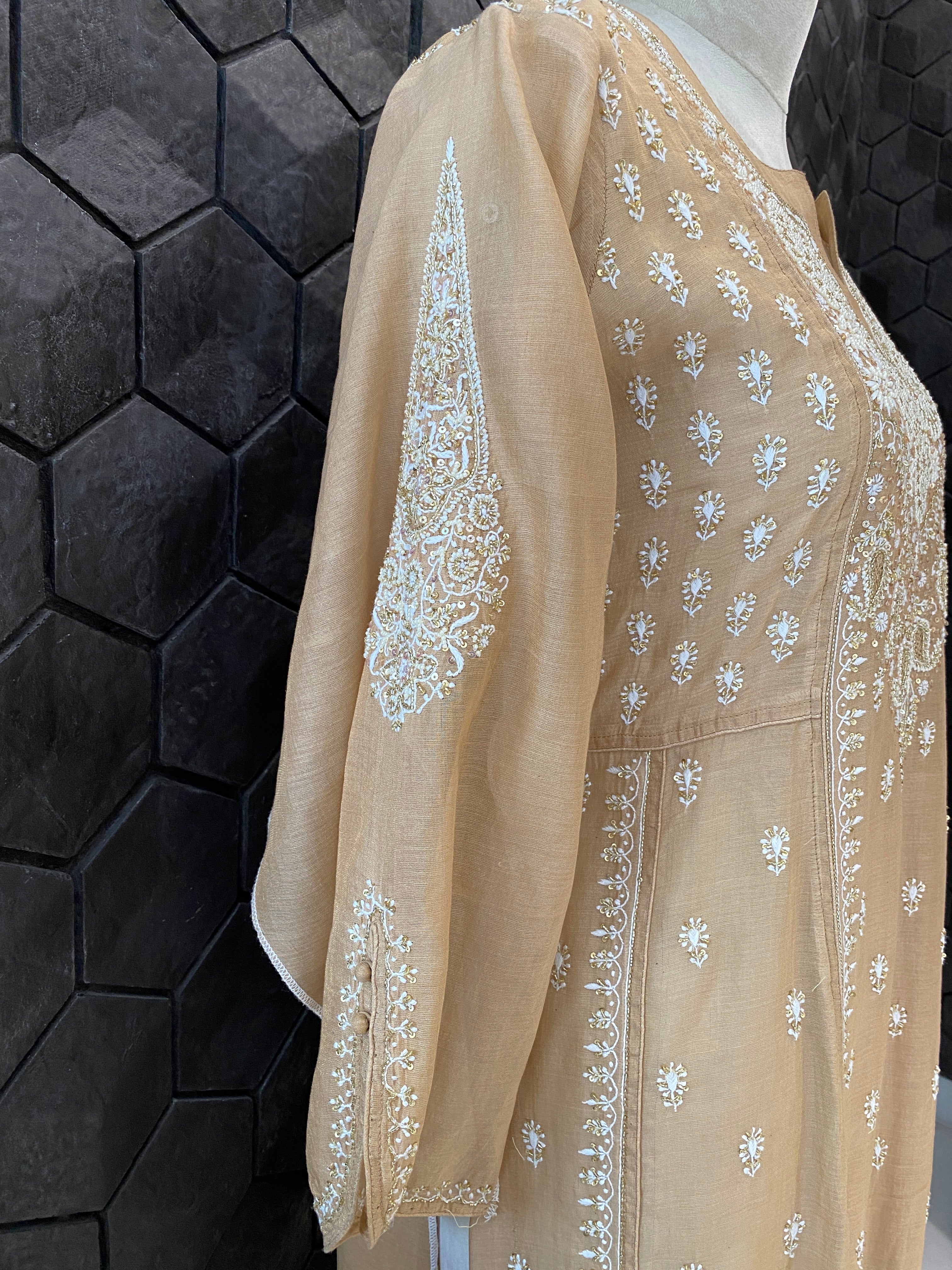 Peach tissue chikankari Anarkali set