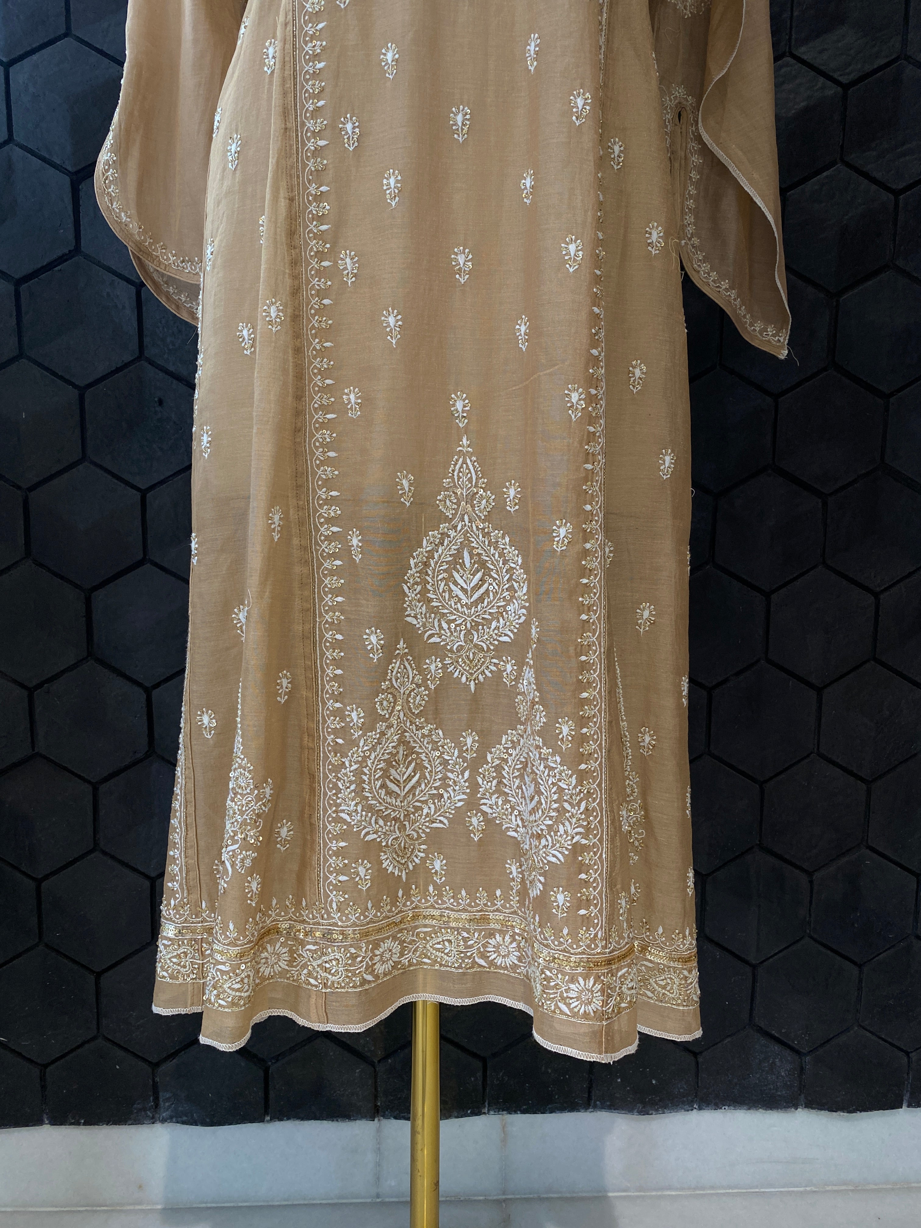 Peach tissue chikankari Anarkali set