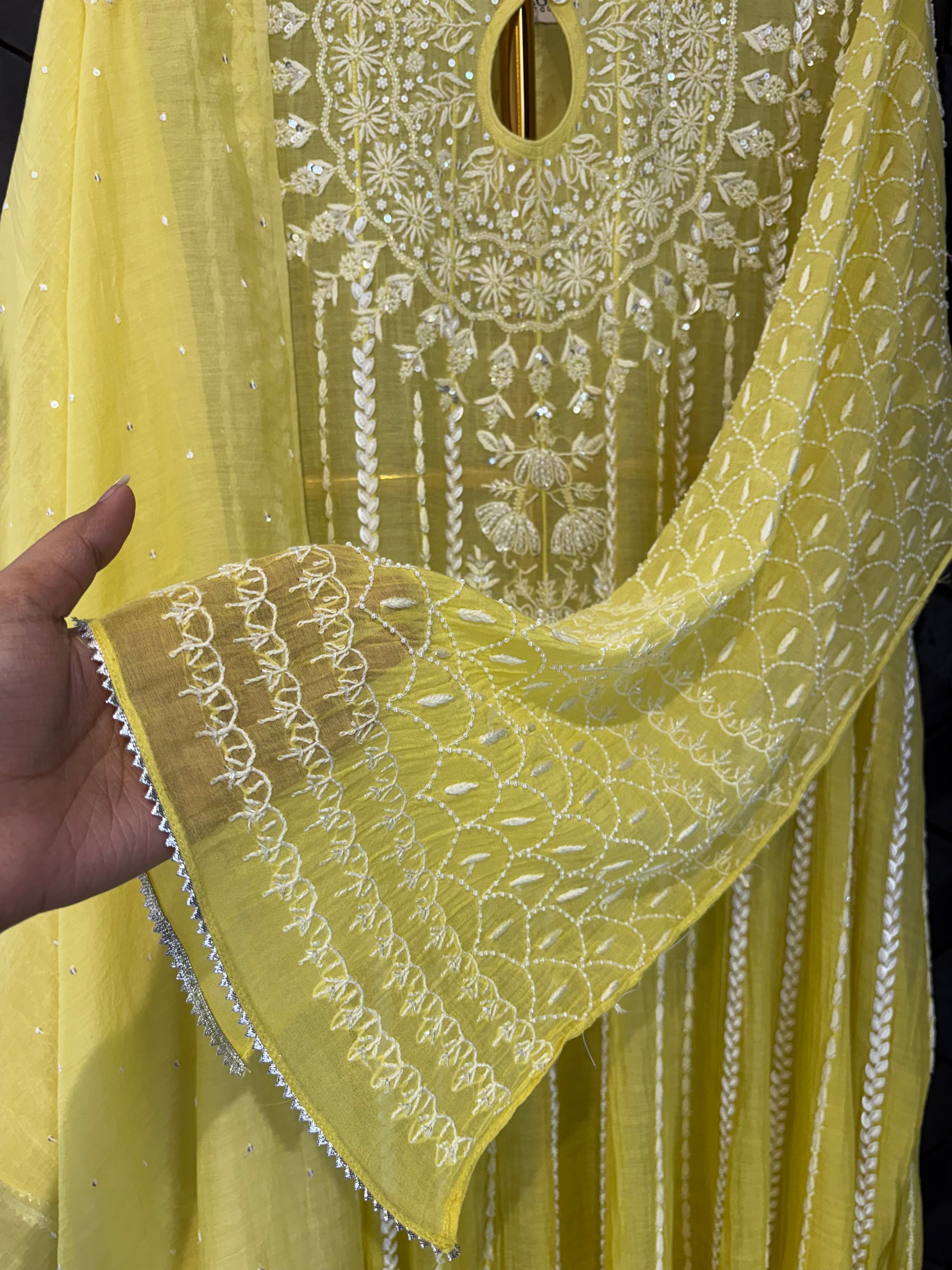 Lemon Yellow Mul Chanderi Anarkali Set