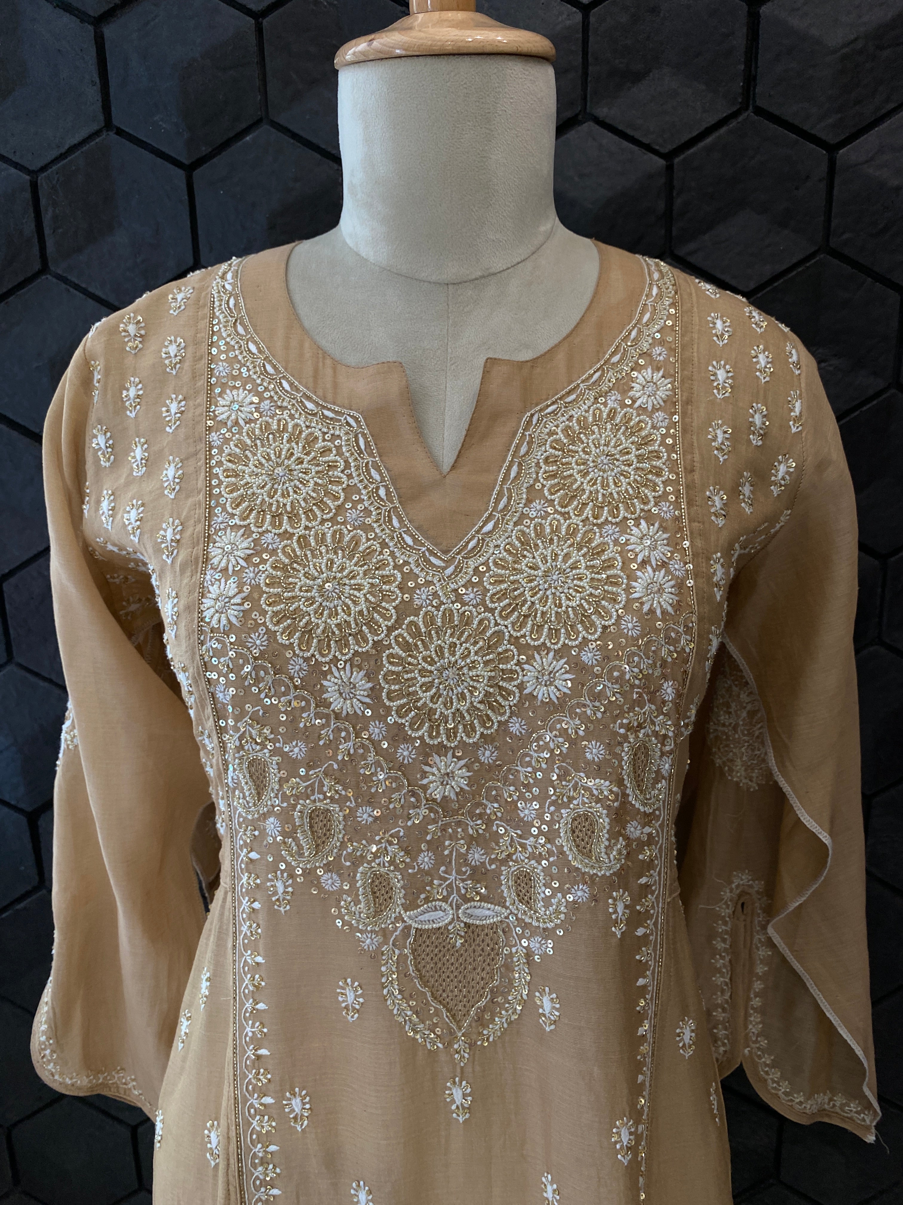 Peach tissue chikankari Anarkali set