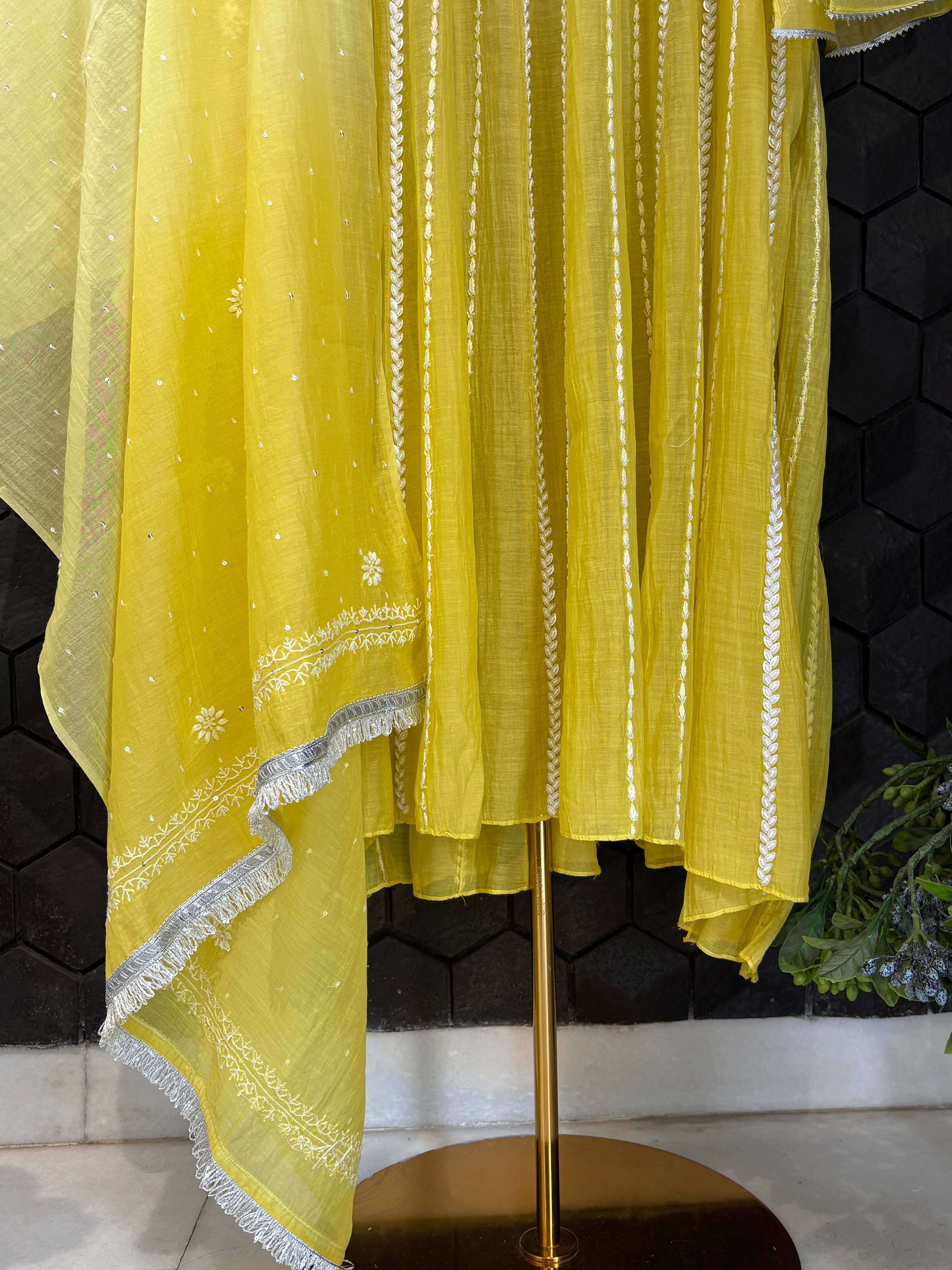 Lemon Yellow Mul Chanderi Anarkali Set