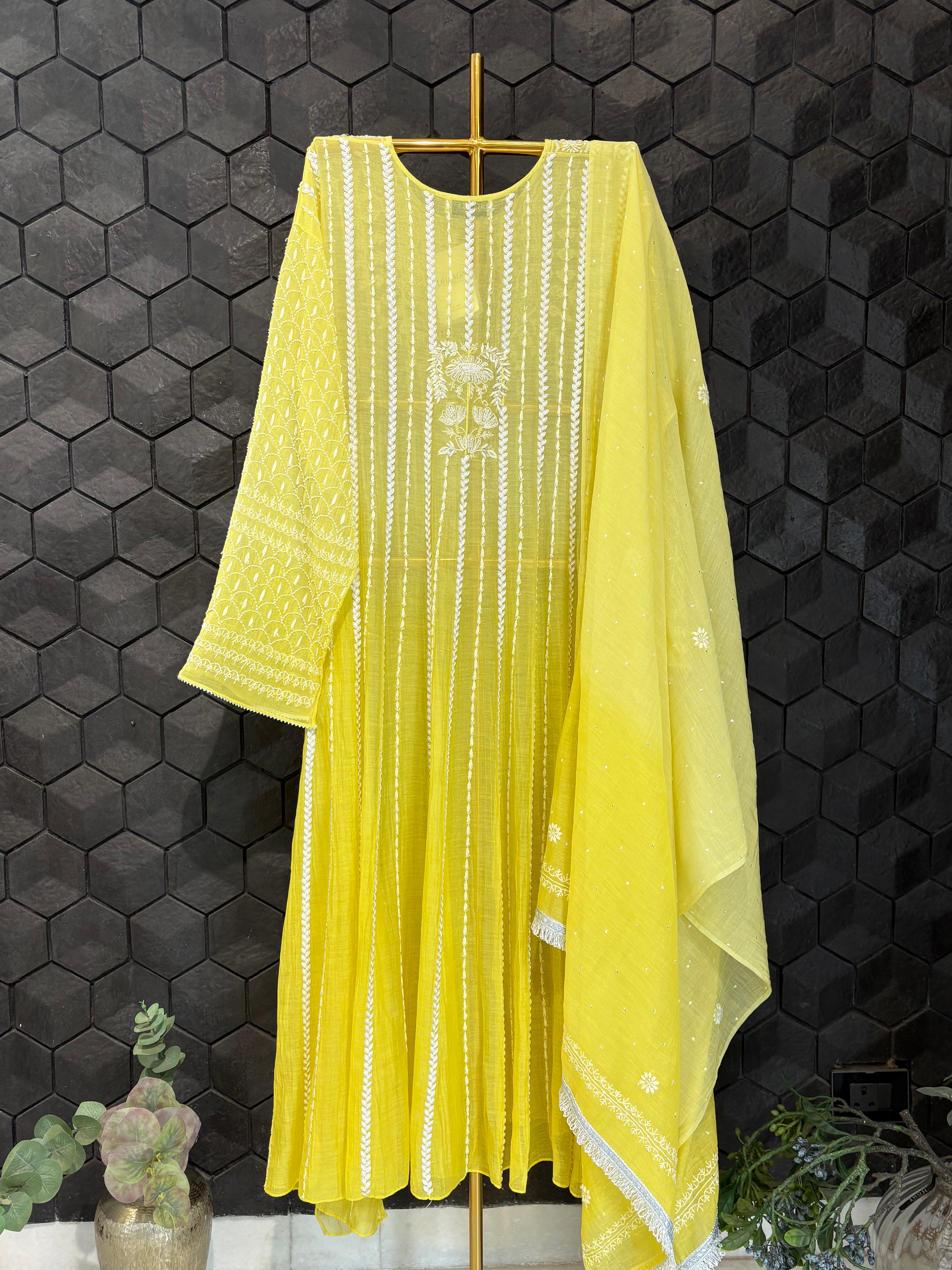 Lemon Yellow Mul Chanderi Anarkali Set