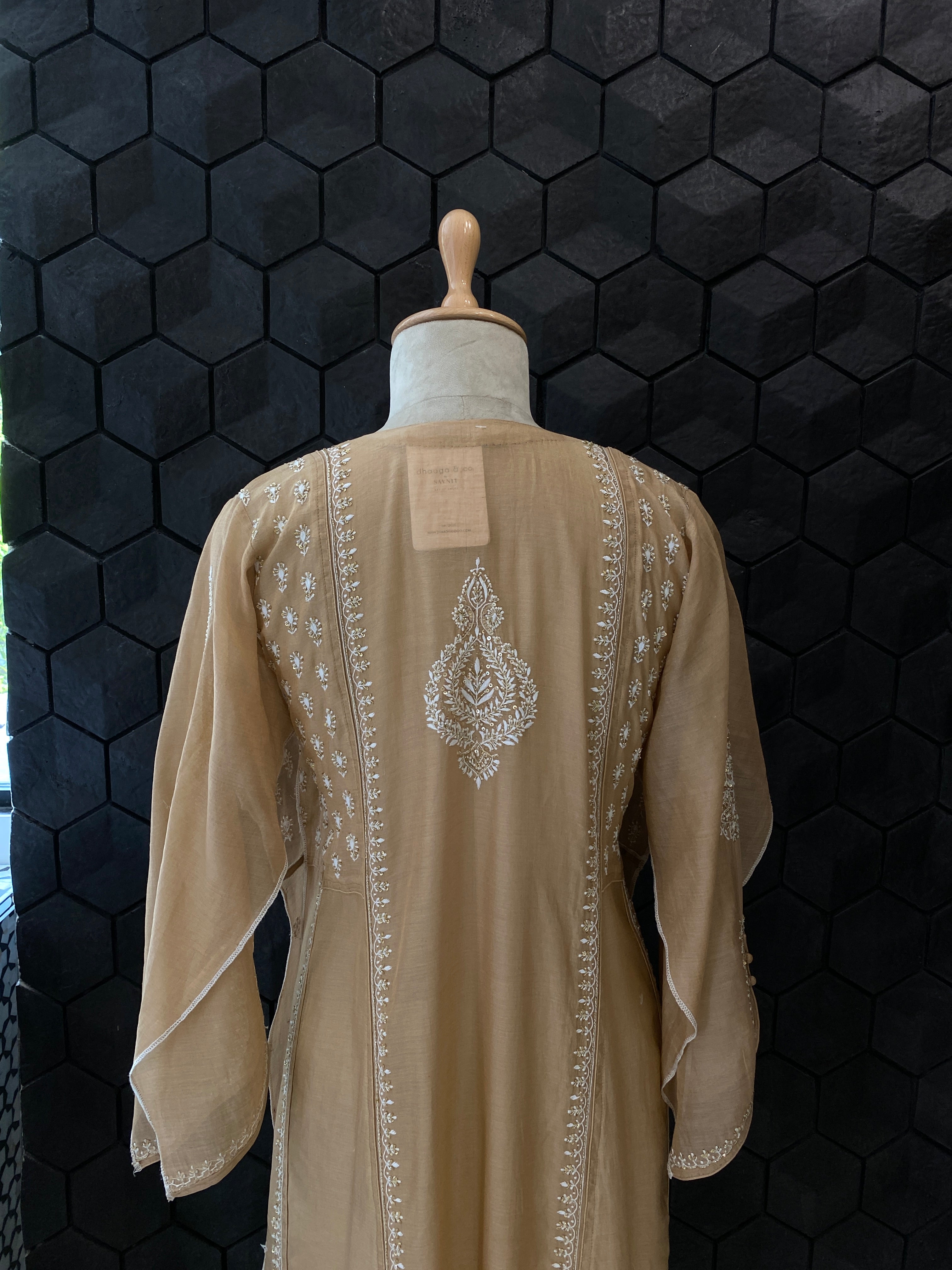 Peach tissue chikankari Anarkali set