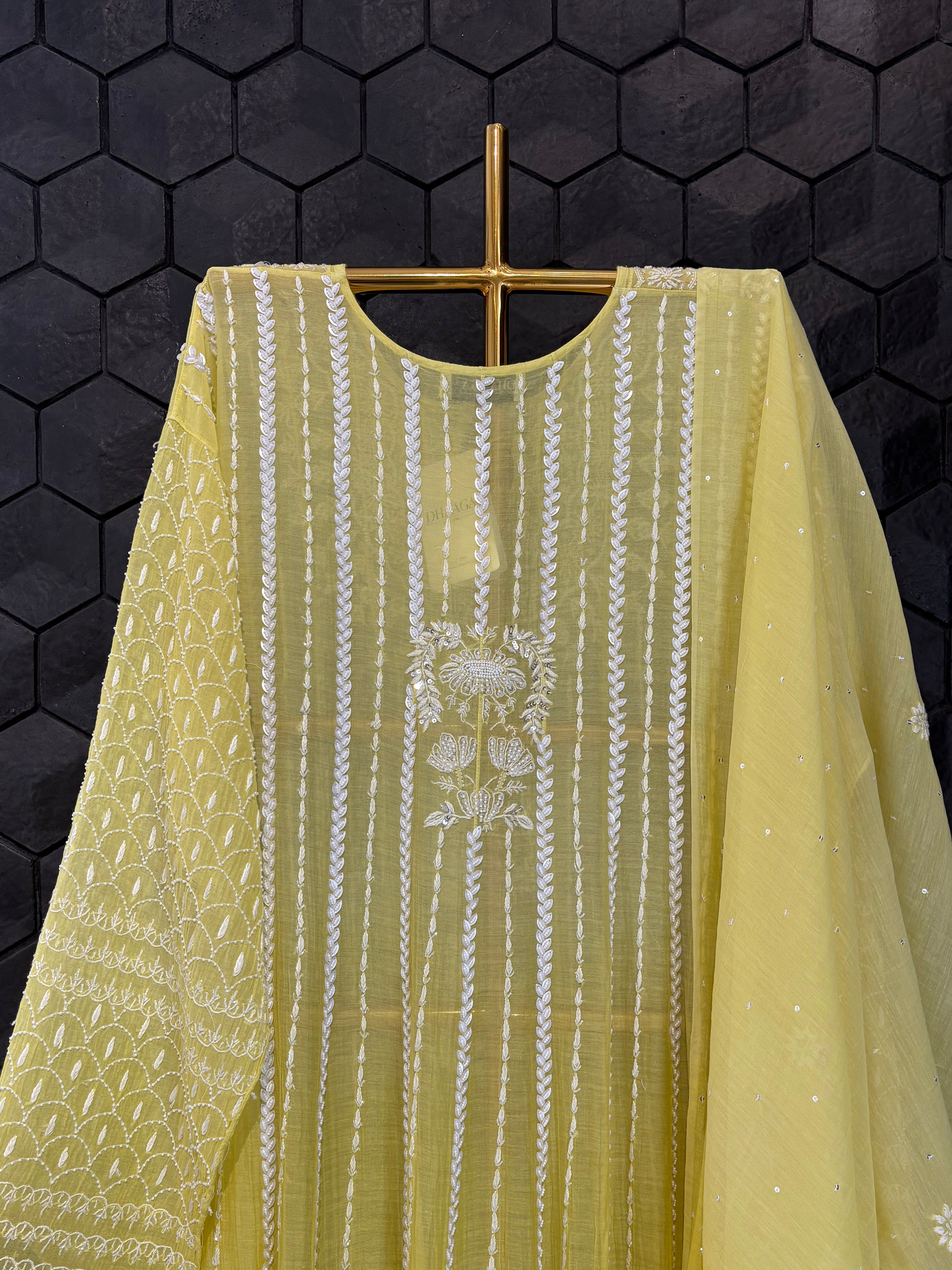 Lemon Yellow Mul Chanderi Anarkali Set